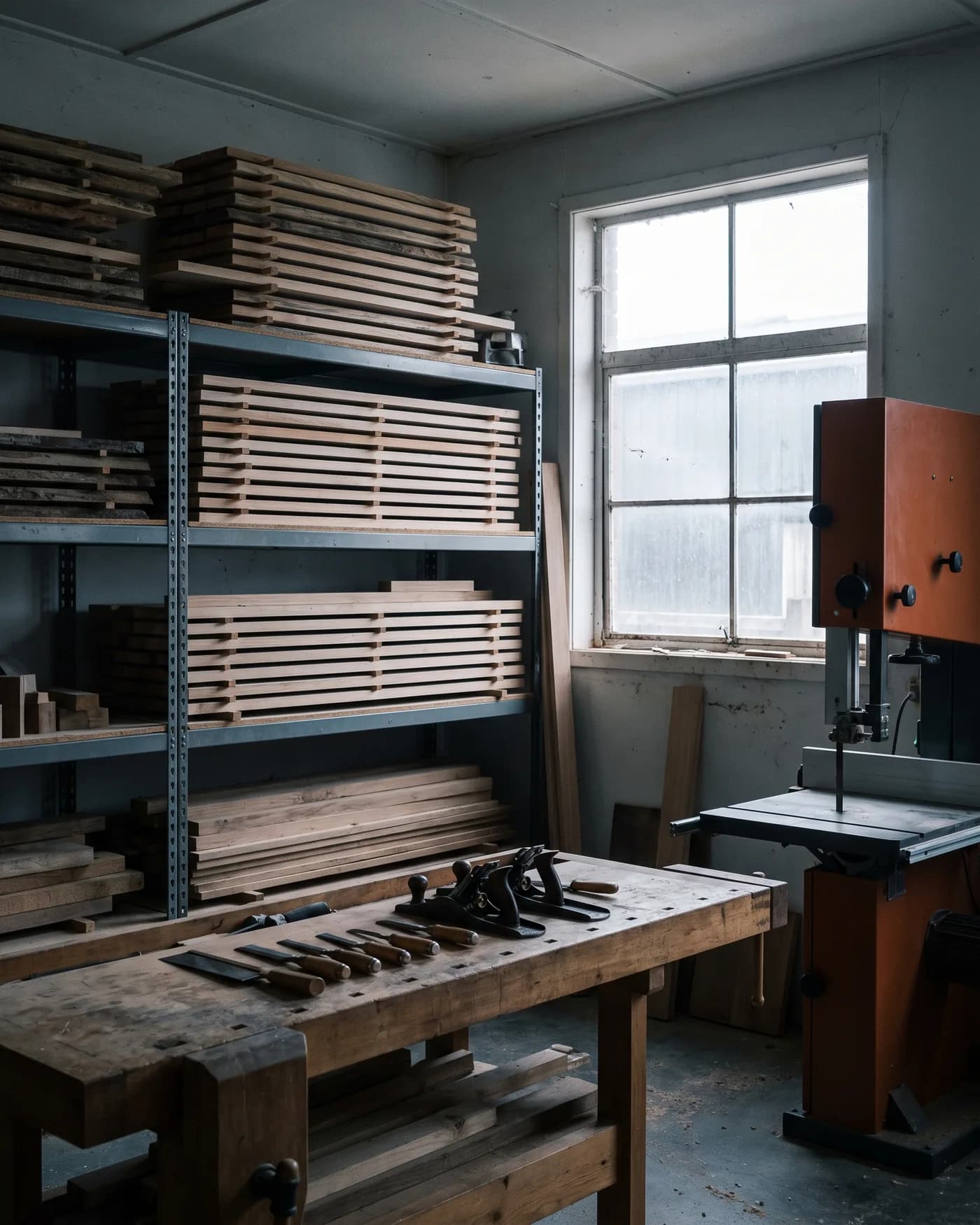 A workshop interior with stacked timber, hand tools laid out on a bench, and a bandsaw