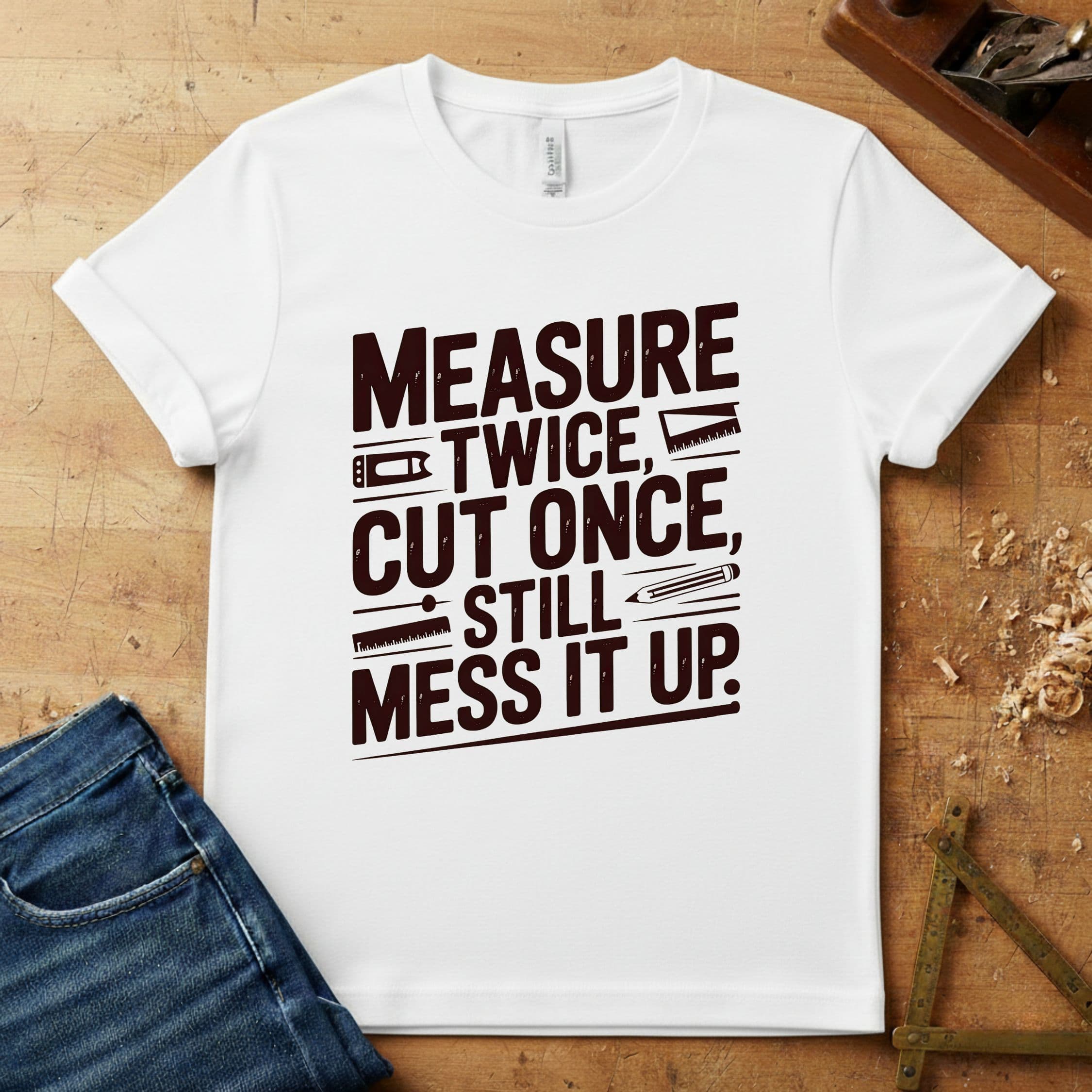 Measure Twice, Cut Once, Still Mess It Up – Black Lettering, funny woodworking T-shirt