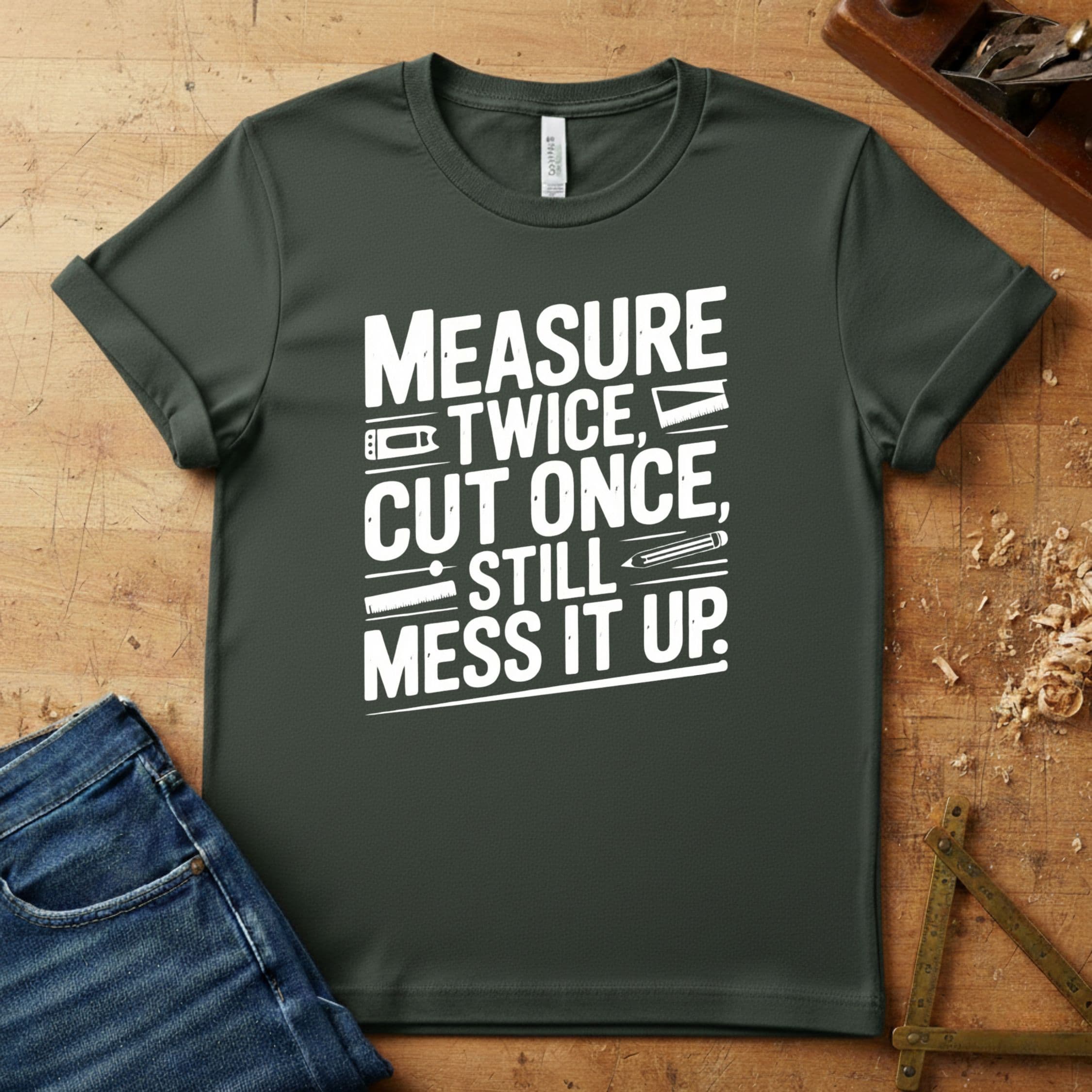 Measure Twice, Cut Once, Still Mess It Up – White Lettering, funny woodworking T-shirt