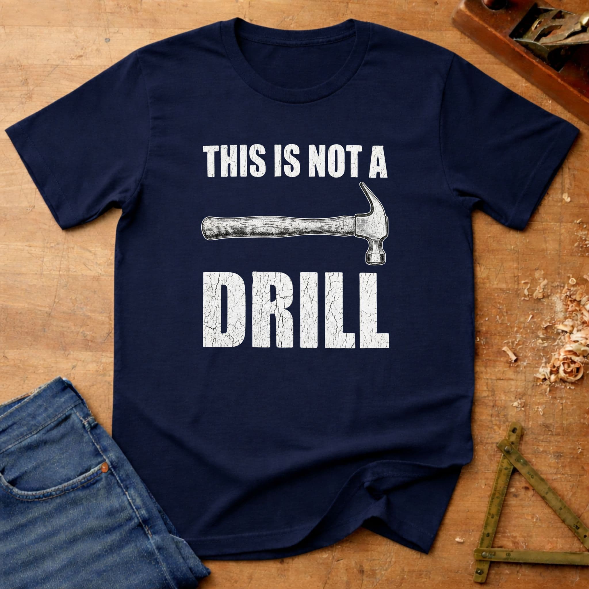This Is Not a Drill – Hammer Edition, funny carpenter T-shirt in Navy