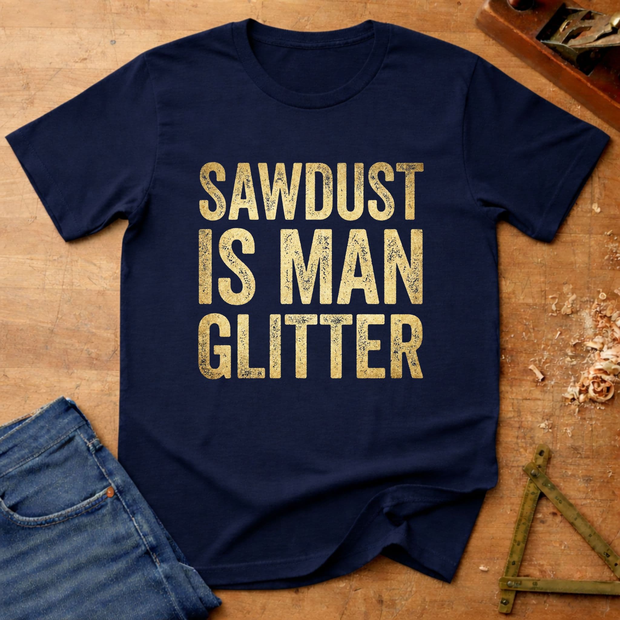 Sawdust Is Man Glitter – Vintage Lettering Edition, funny woodworking T-shirt in Navy