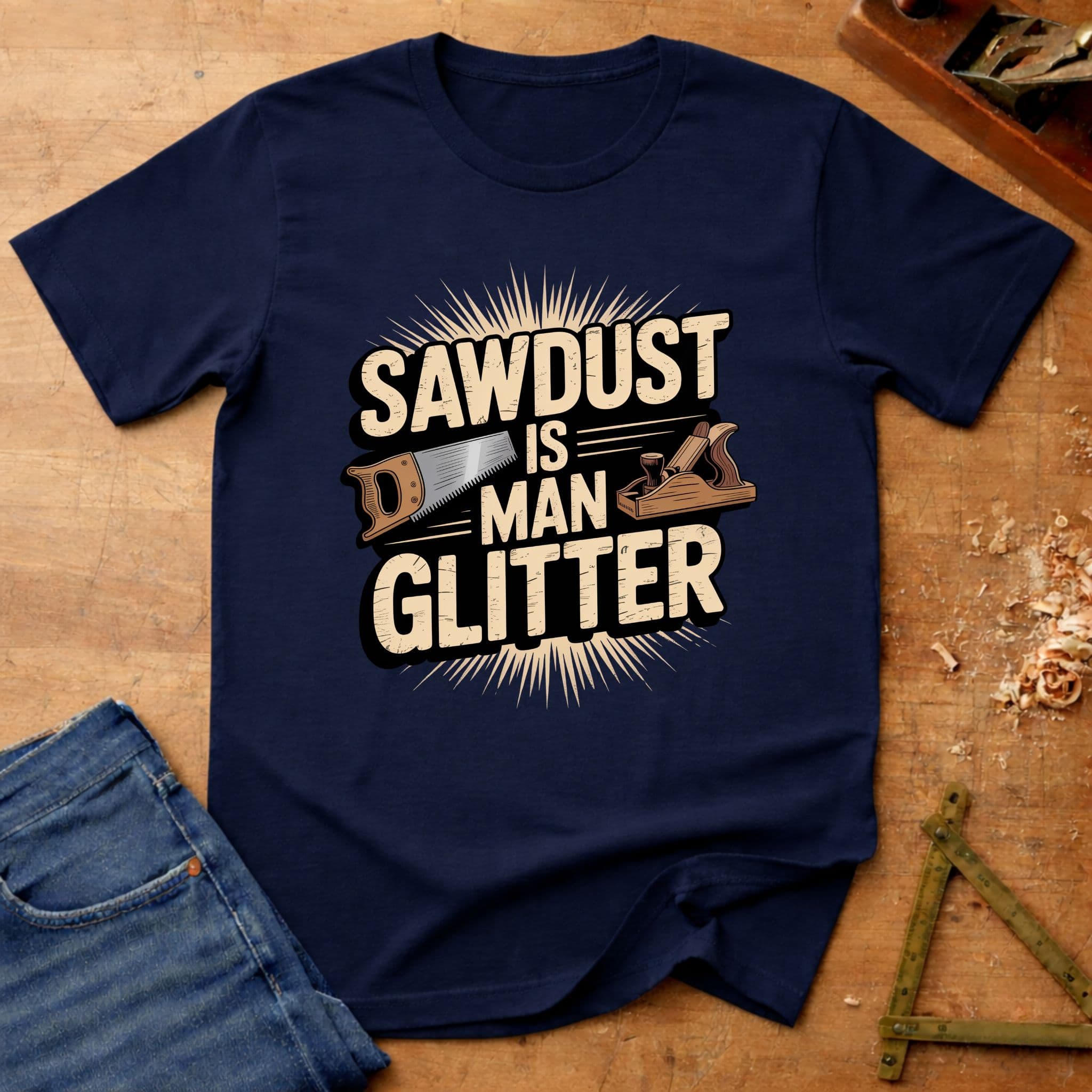 Sawdust Is Man Glitter – Saw and Plane Edition, funny woodworking T-shirt in Navy