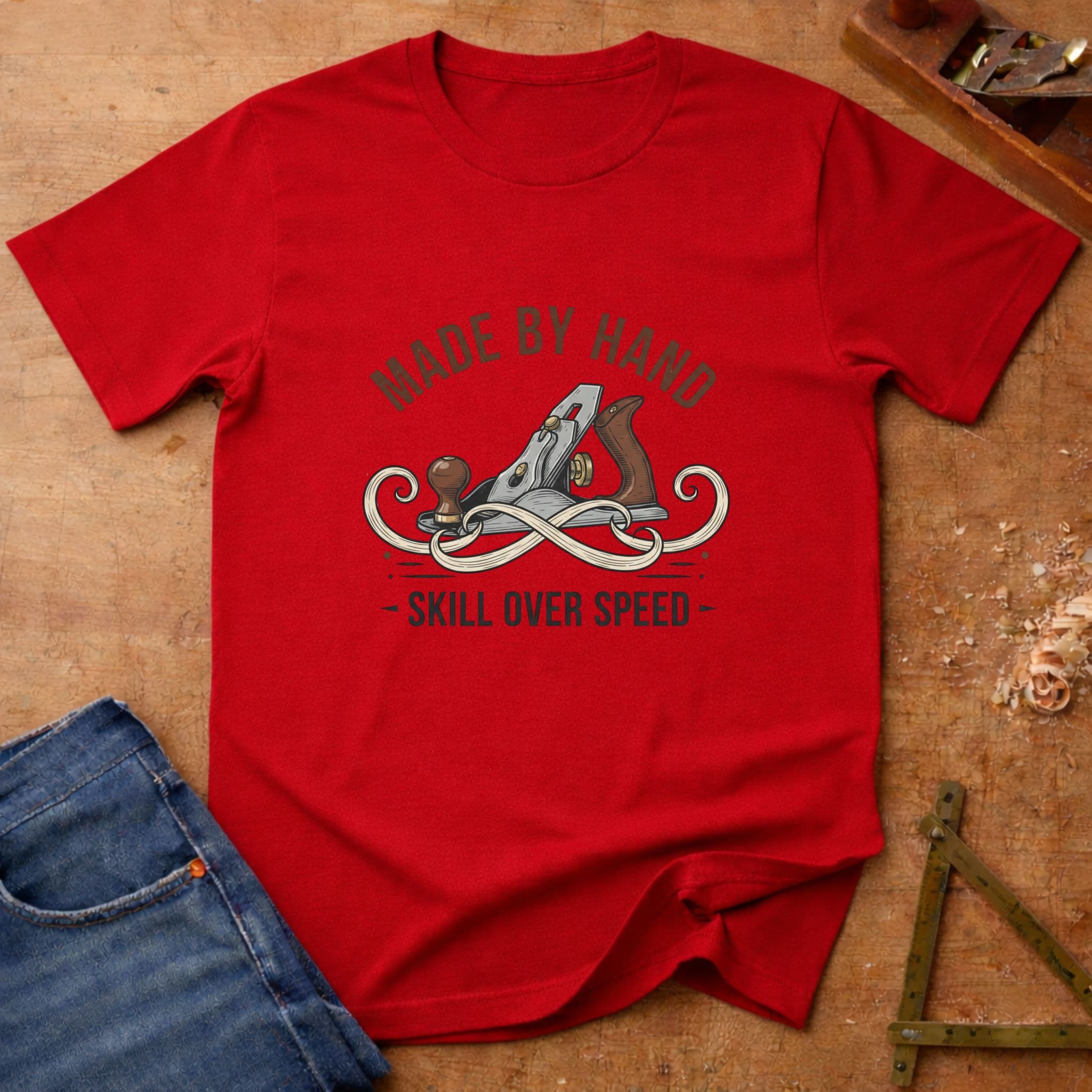 Made by Hand – Skill Over Speed Edition, woodworking T-shirt in Red