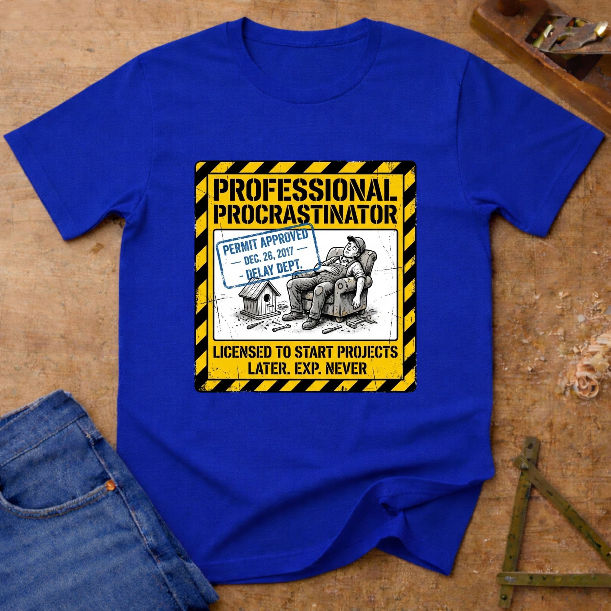 Professional Procrastinator – Warning Sign Edition, funny workshop T-shirt in Royal