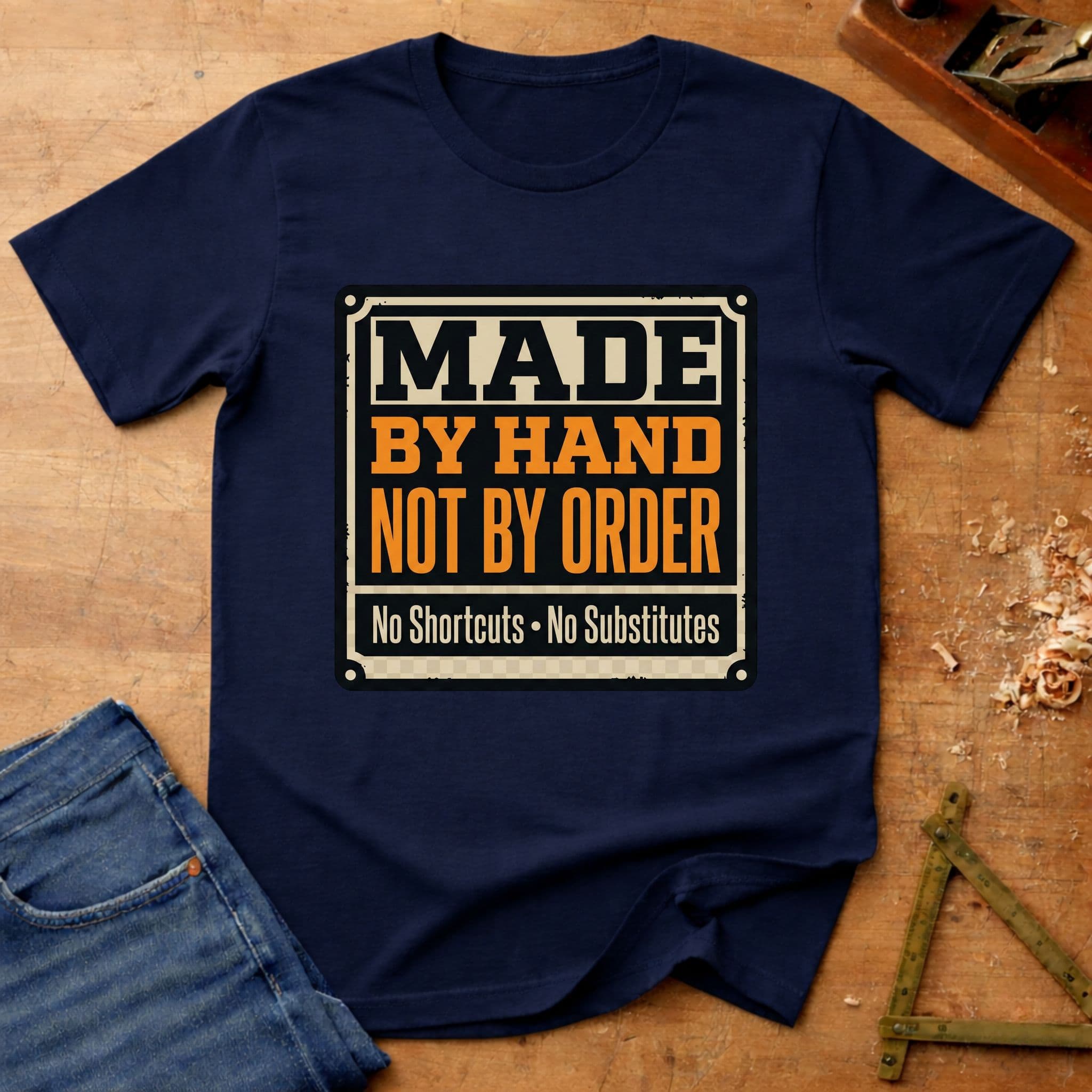 Made by Hand – Not by Order Edition, woodworking T-shirt in Navy