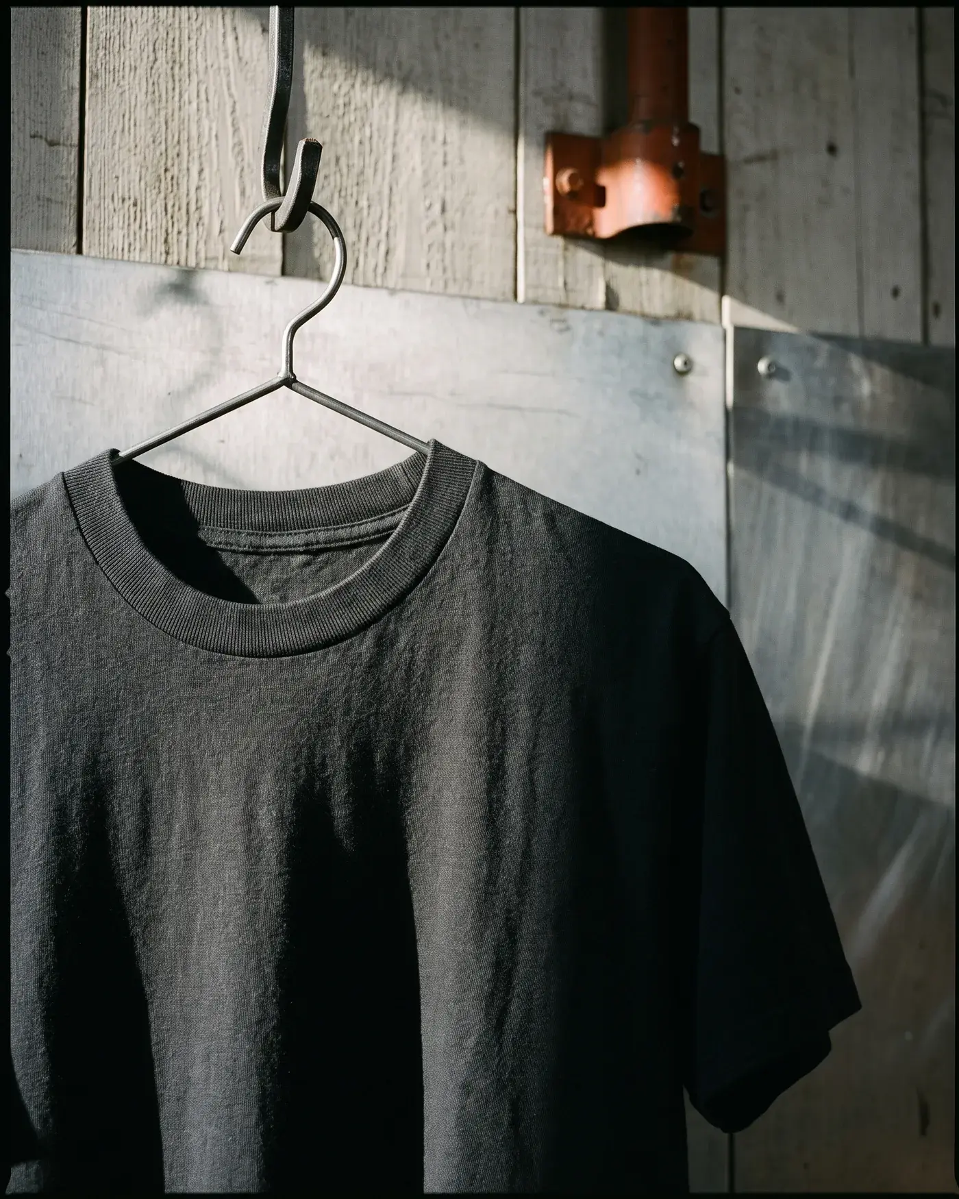 A Steelwood tee hanging on a steel hook against weathered workshop timber