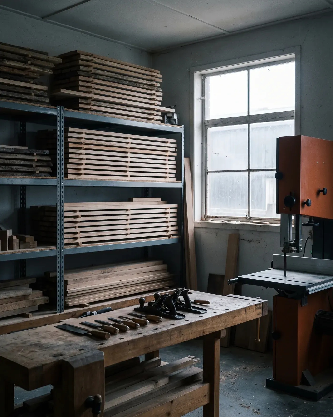 A workshop interior with stacked timber, hand tools laid out on a bench, and a bandsaw