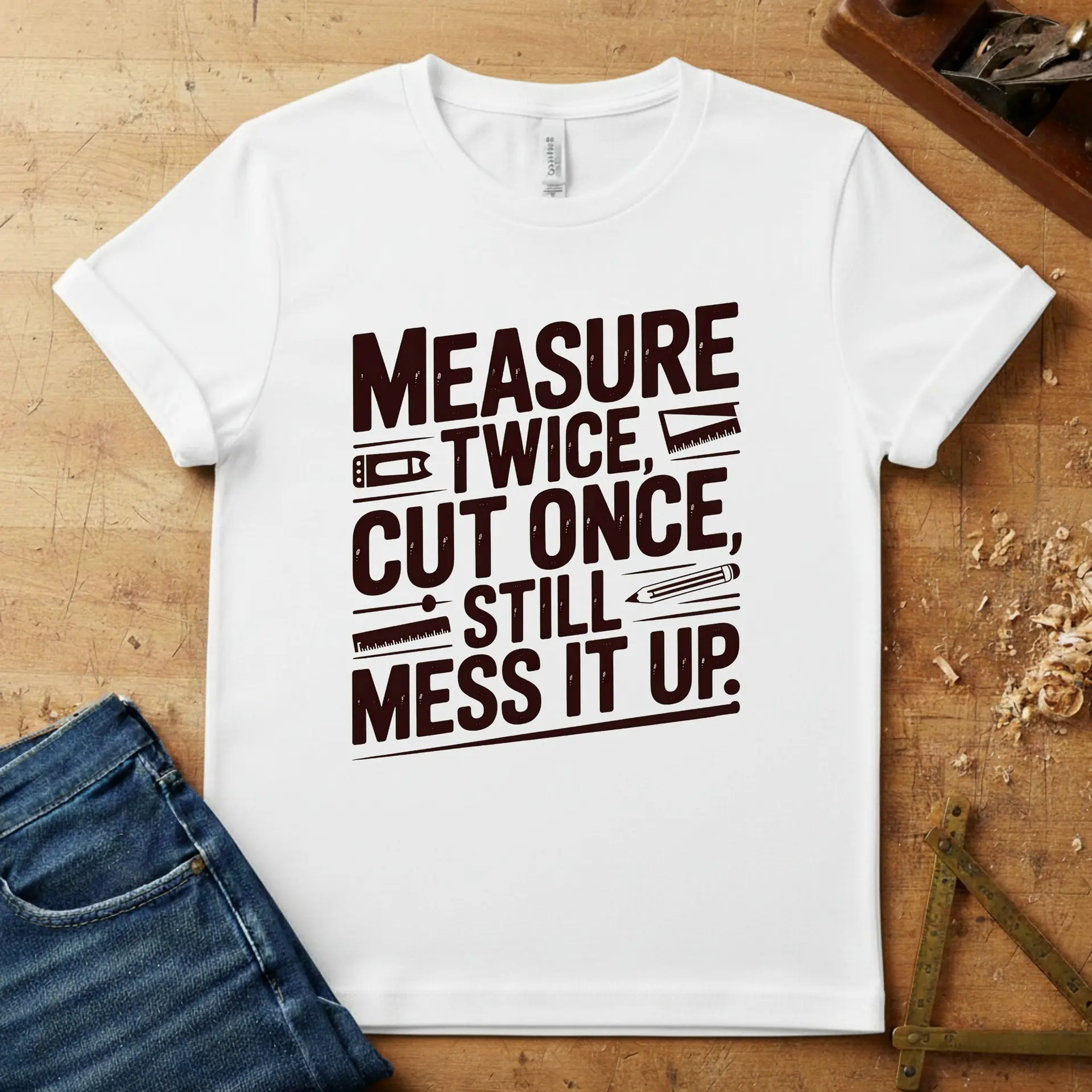 Measure Twice, Cut Once, Still Mess It Up – Black Lettering, funny woodworking T-shirt