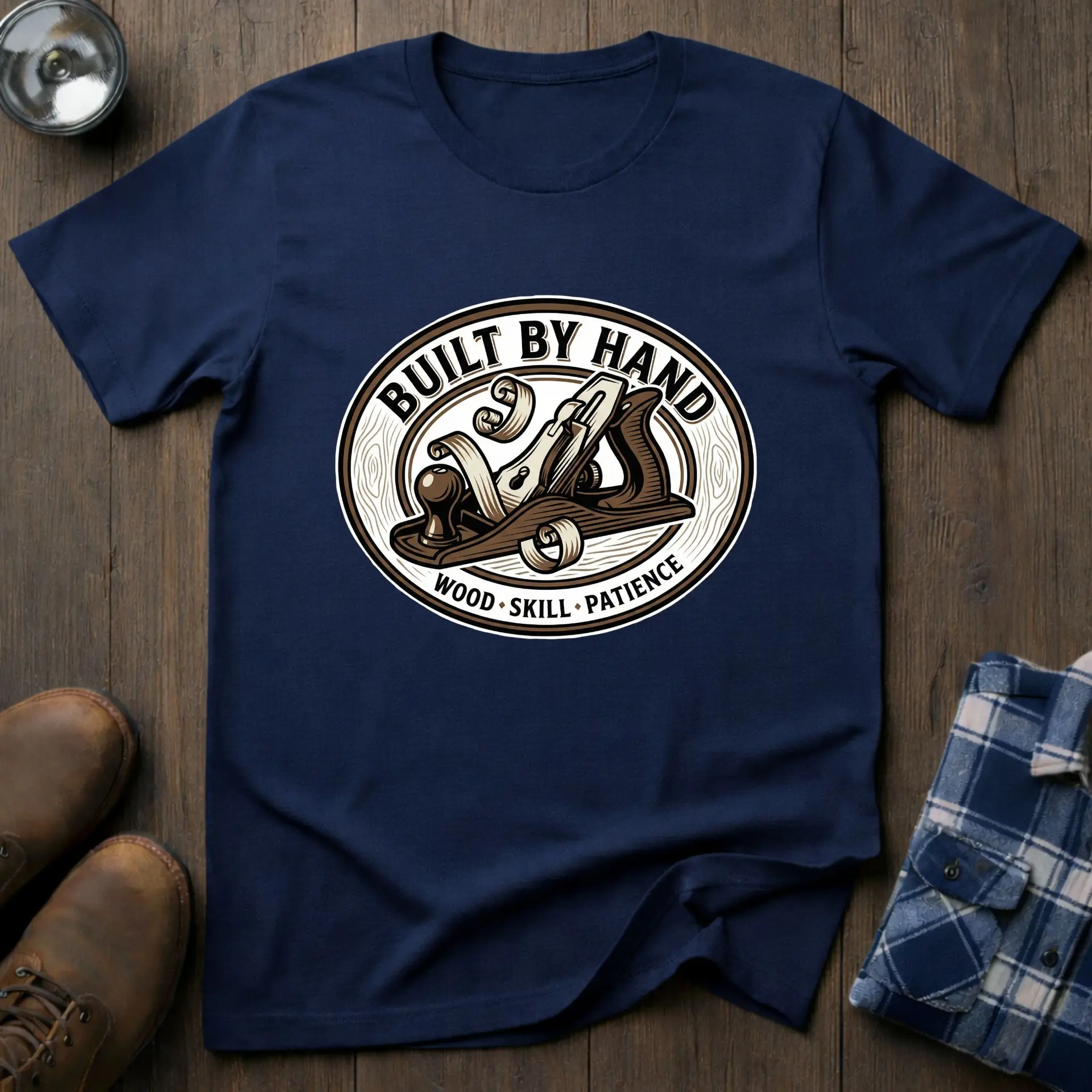 Built By Hand, woodworking T-shirt in Navy