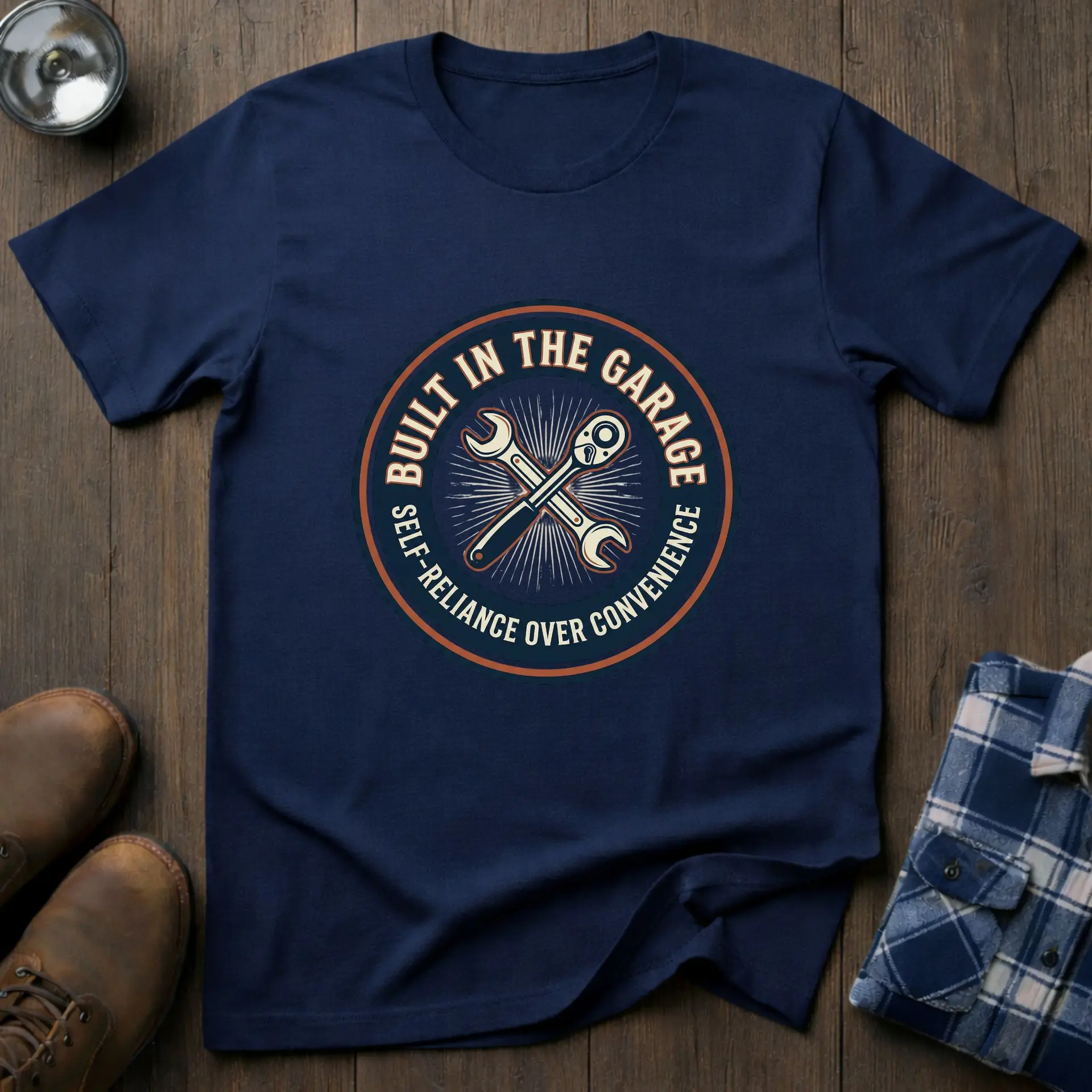 Built in the Garage, workshop T-shirt in Navy