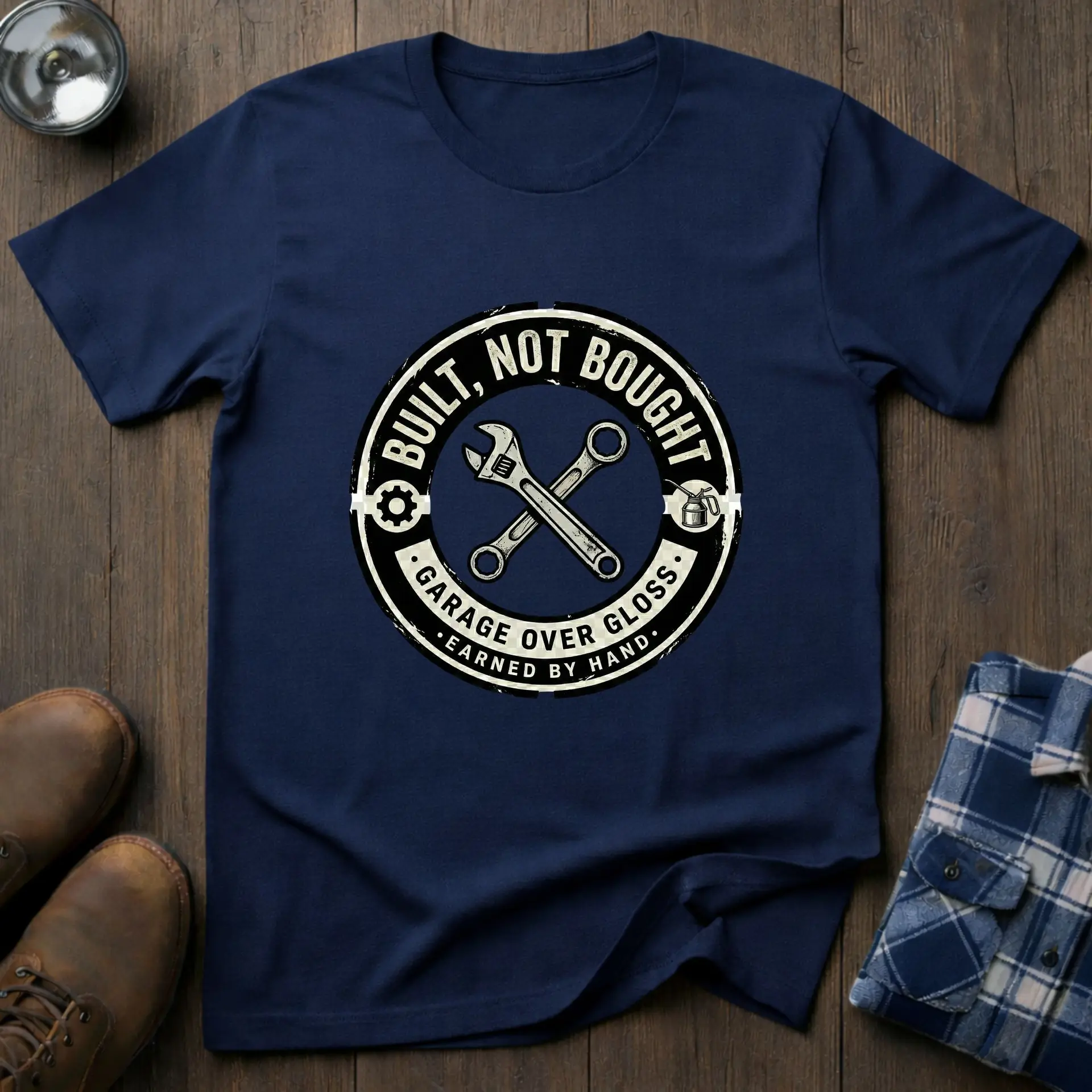 Built not Bought, workshop T-shirt in Navy