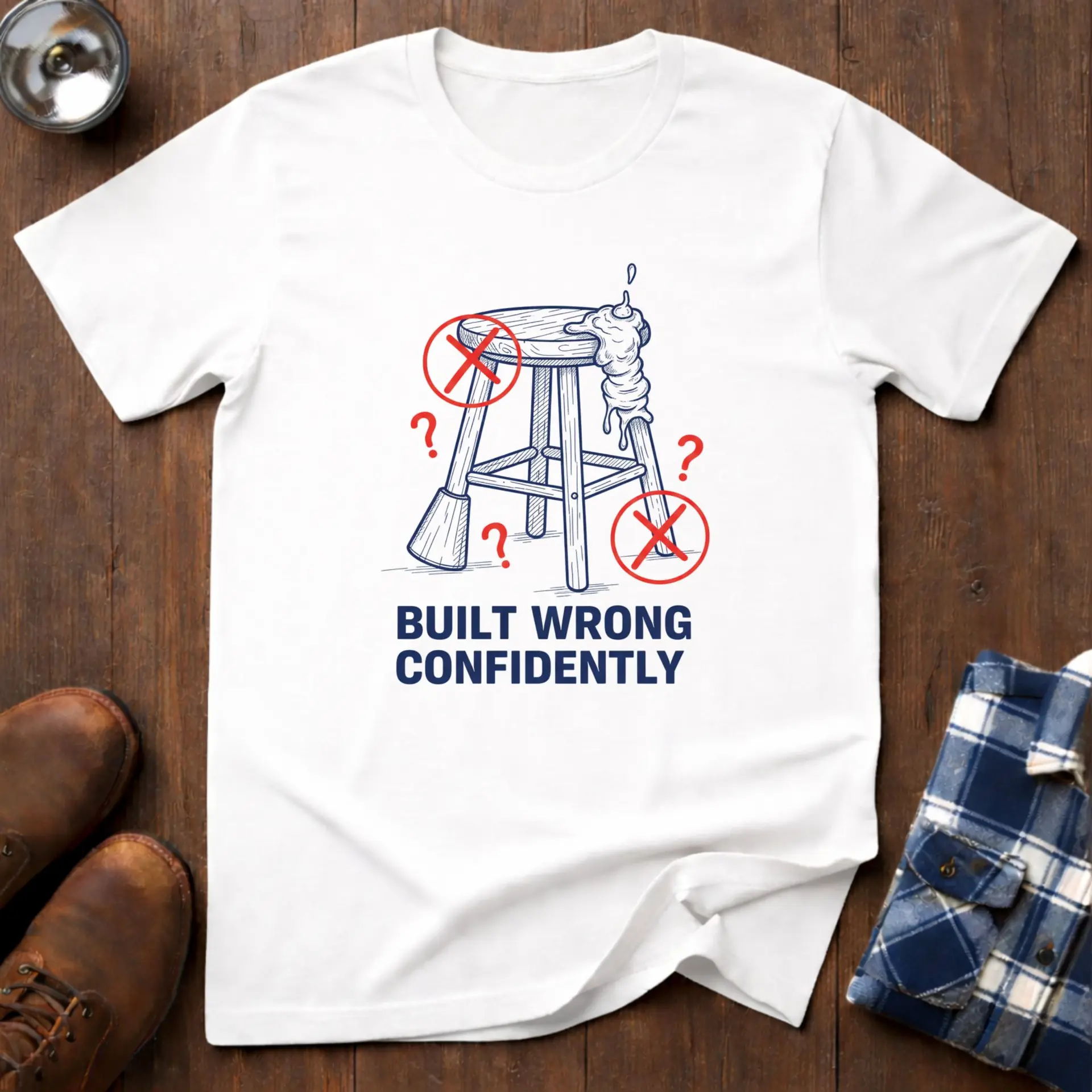 Built Wrong Confidently, funny workshop T-shirt in White