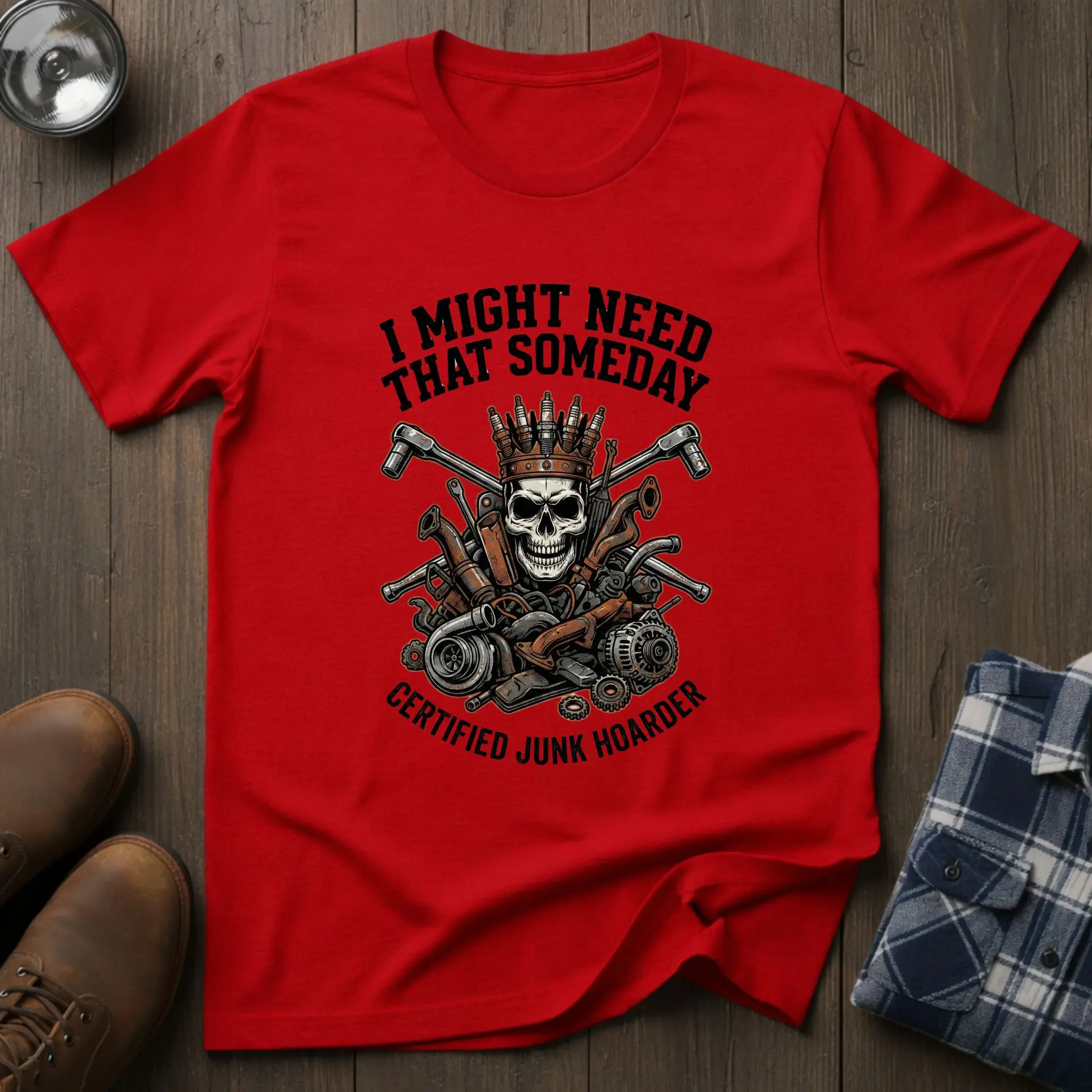 Certified Junk Hoarder, funny workshop T-shirt in Red