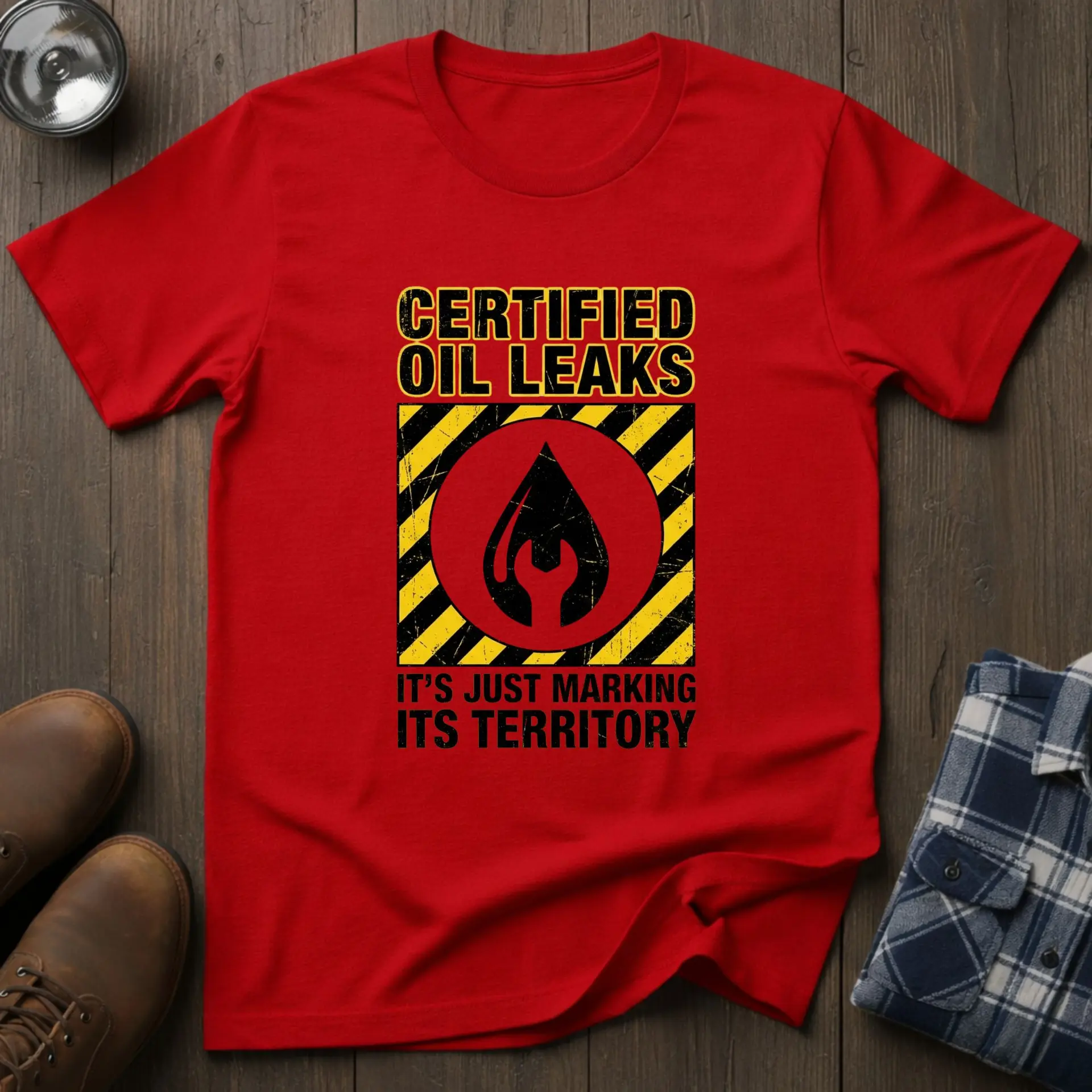 Certified Oil Leaks, funny mechanic T-shirt in Red