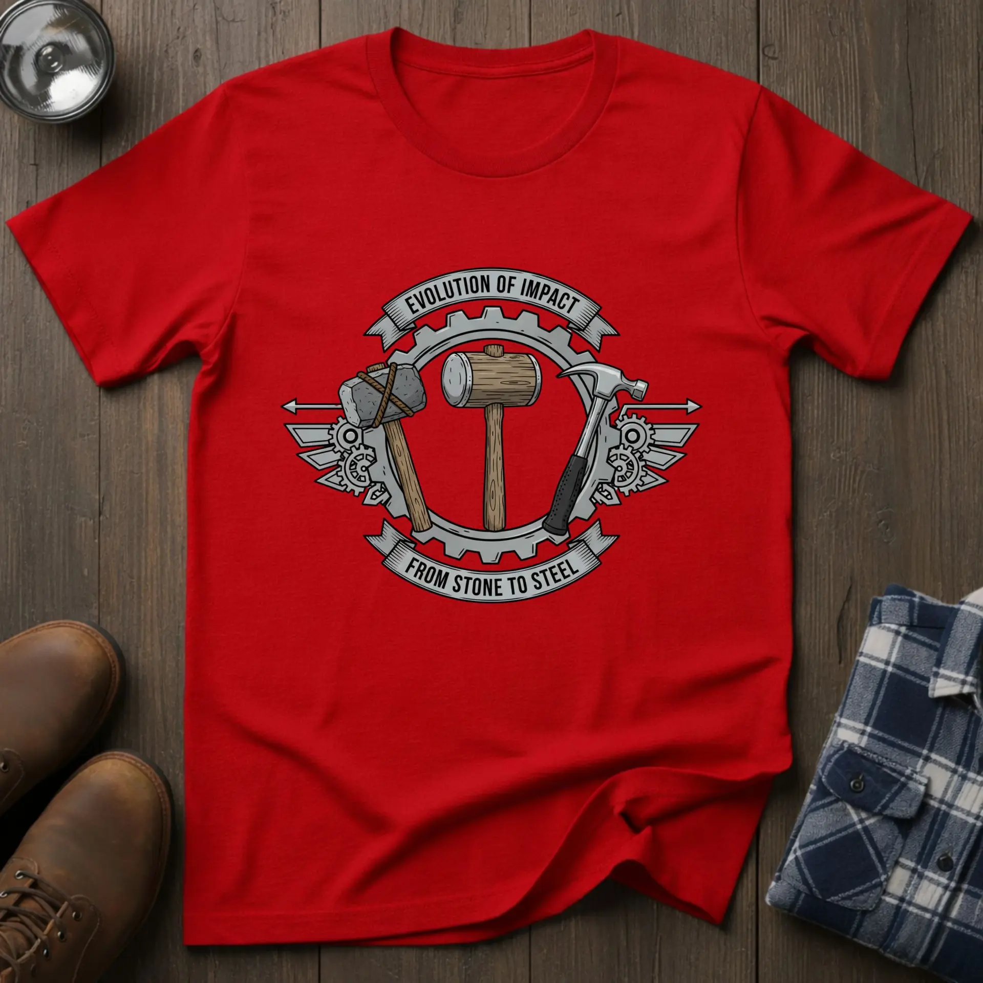 Evolution of Impact, funny tradesman T-shirt in Red