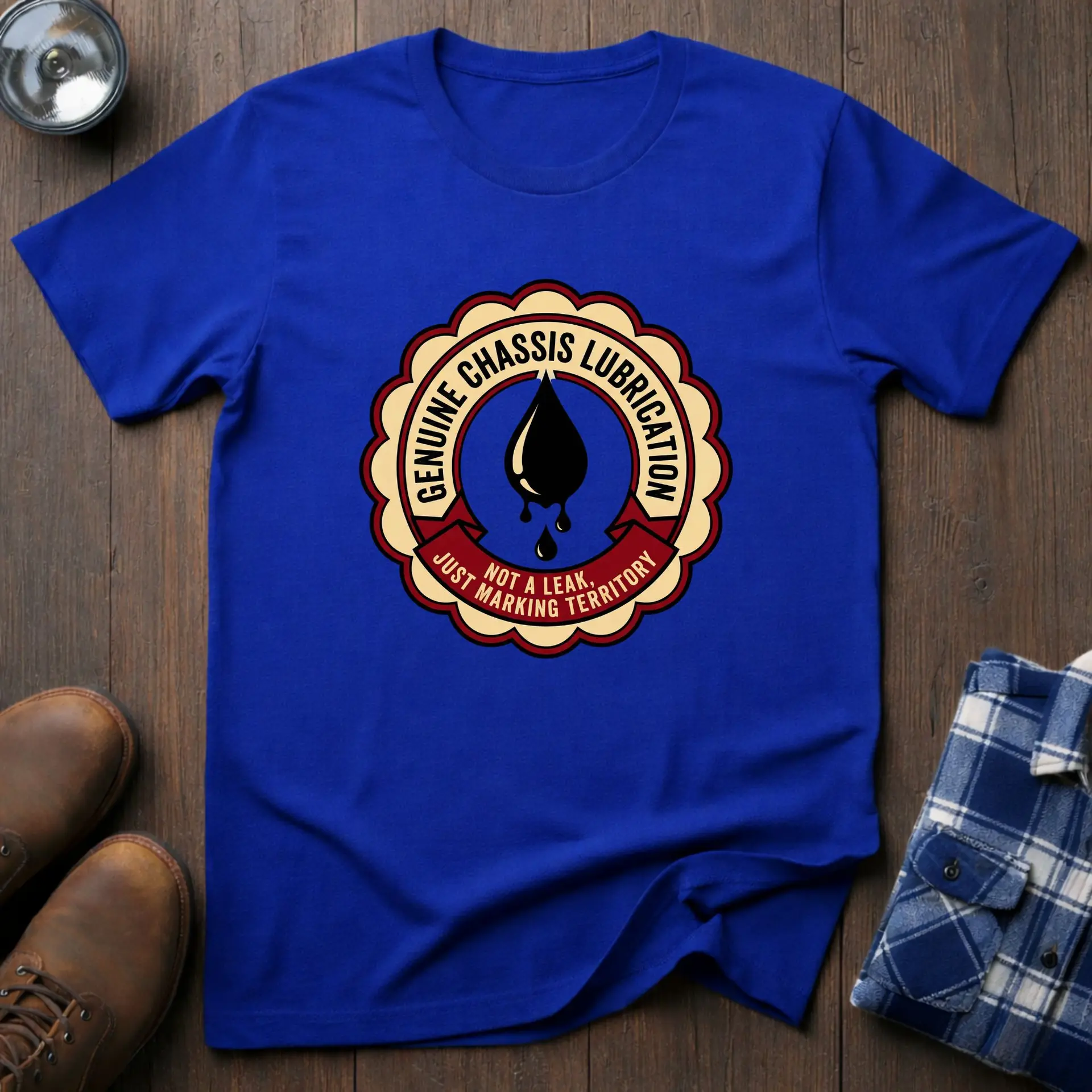 Genuine Chassis Lubrication, funny mechanic T-shirt in Royal