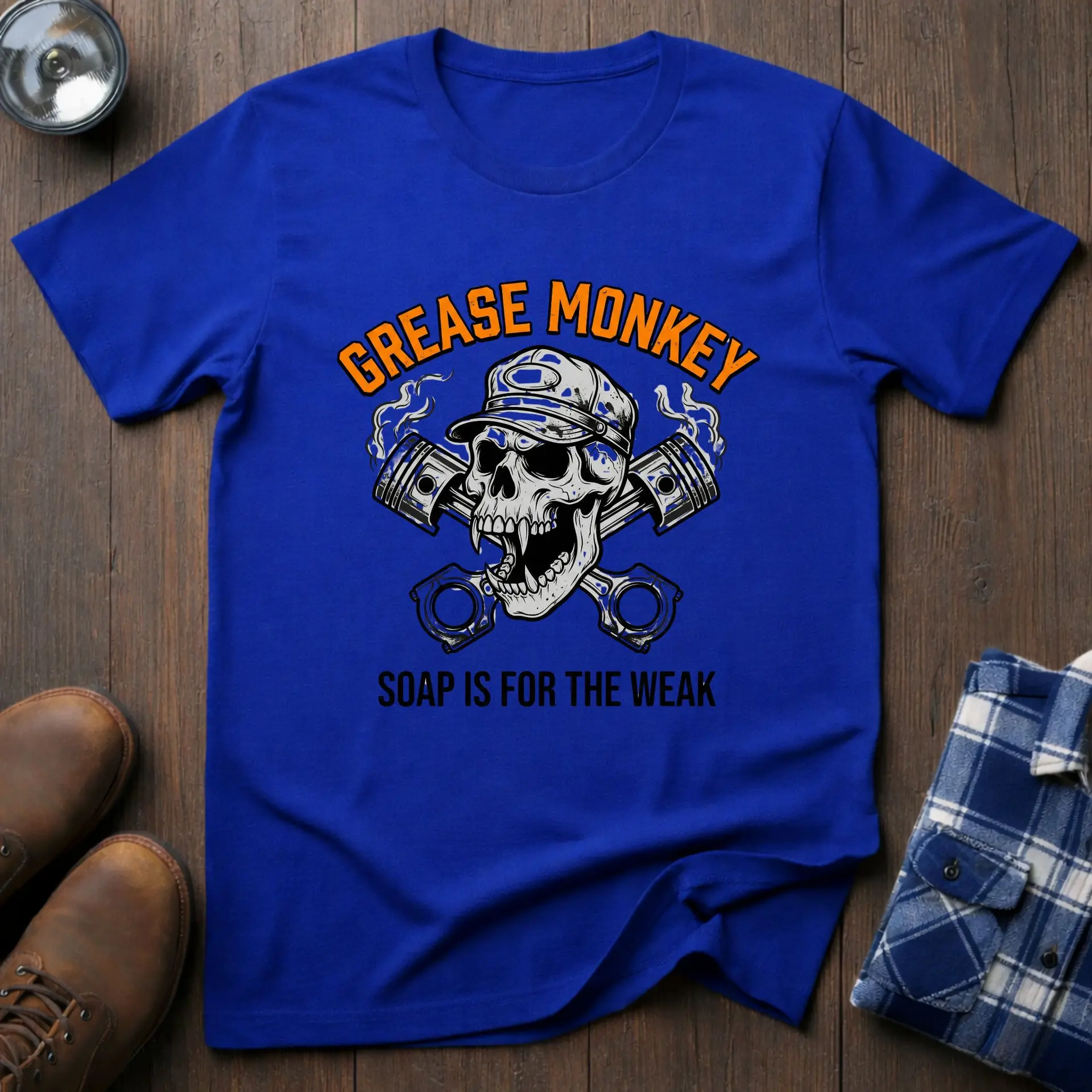 Grease Monkey, funny mechanic T-shirt in Royal