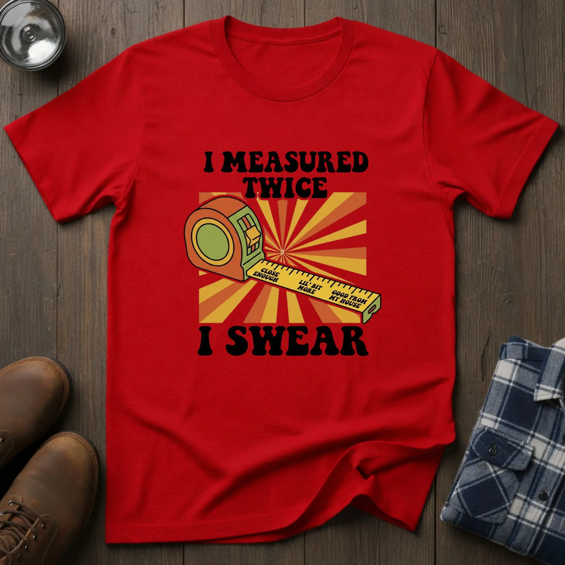 I Measured Twice, funny woodworking T-shirt in Red