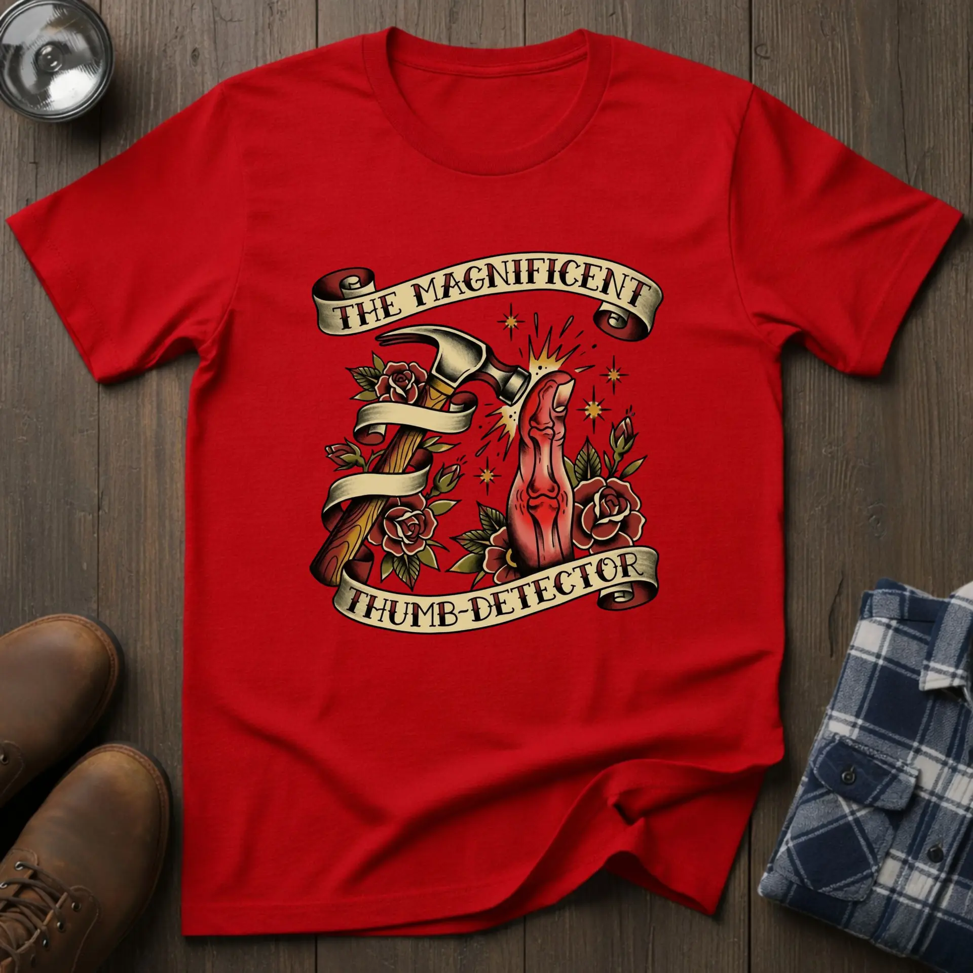 Magnificent Thumb Detector, funny woodworking T-shirt in Red