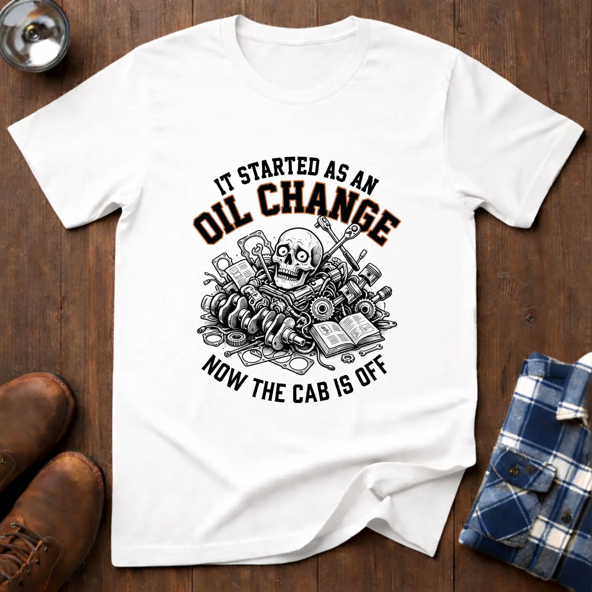 Oil Change, funny mechanic T-shirt in White