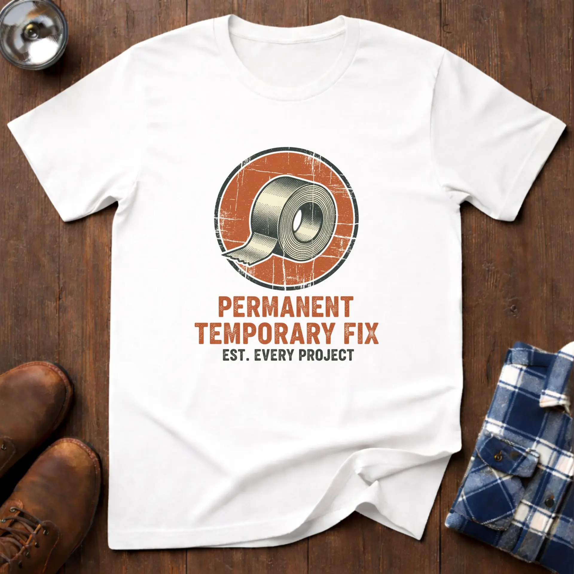 Permanent Temporary Fix, funny handyman T-shirt in White
