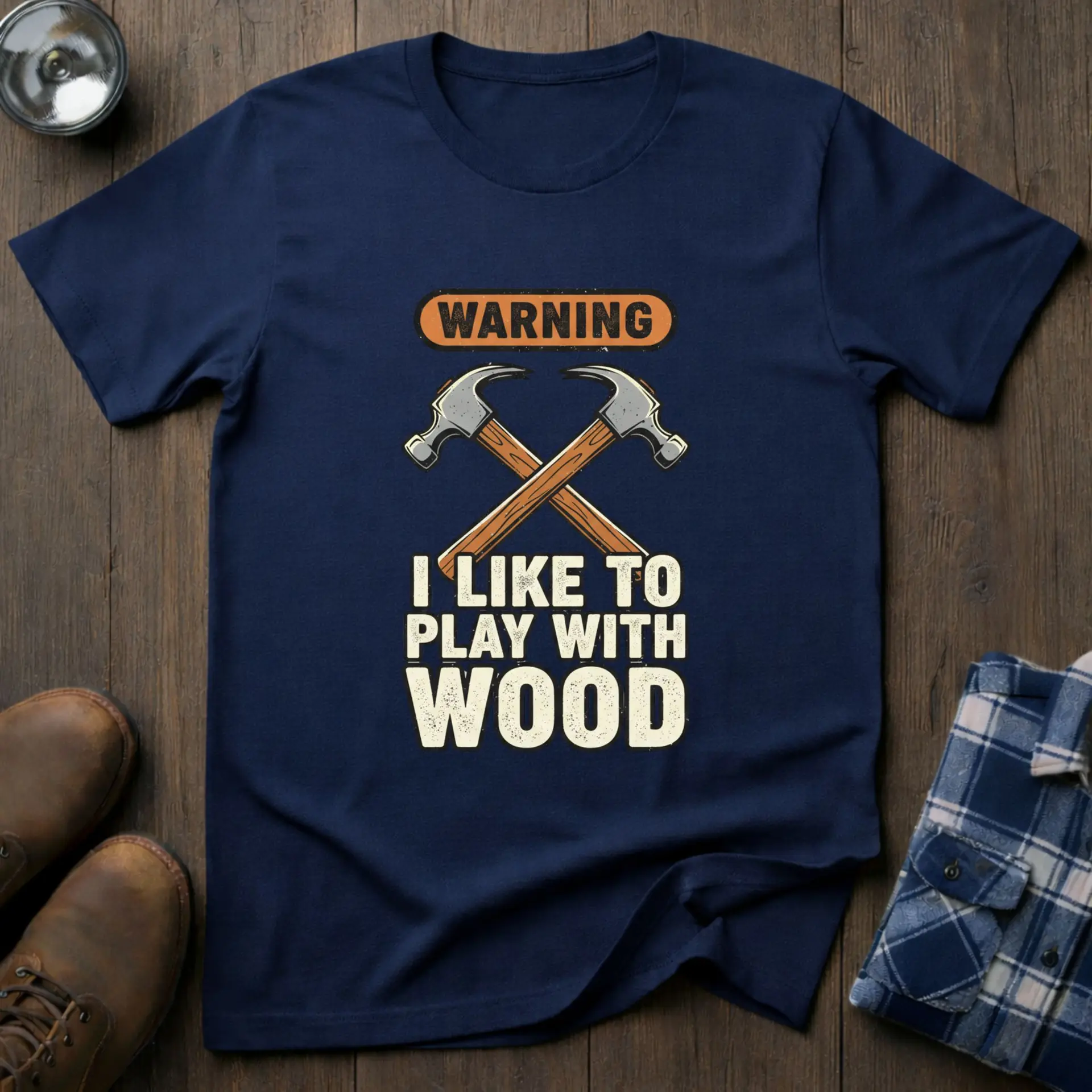 Play with Wood, funny woodworking T-shirt in Navy