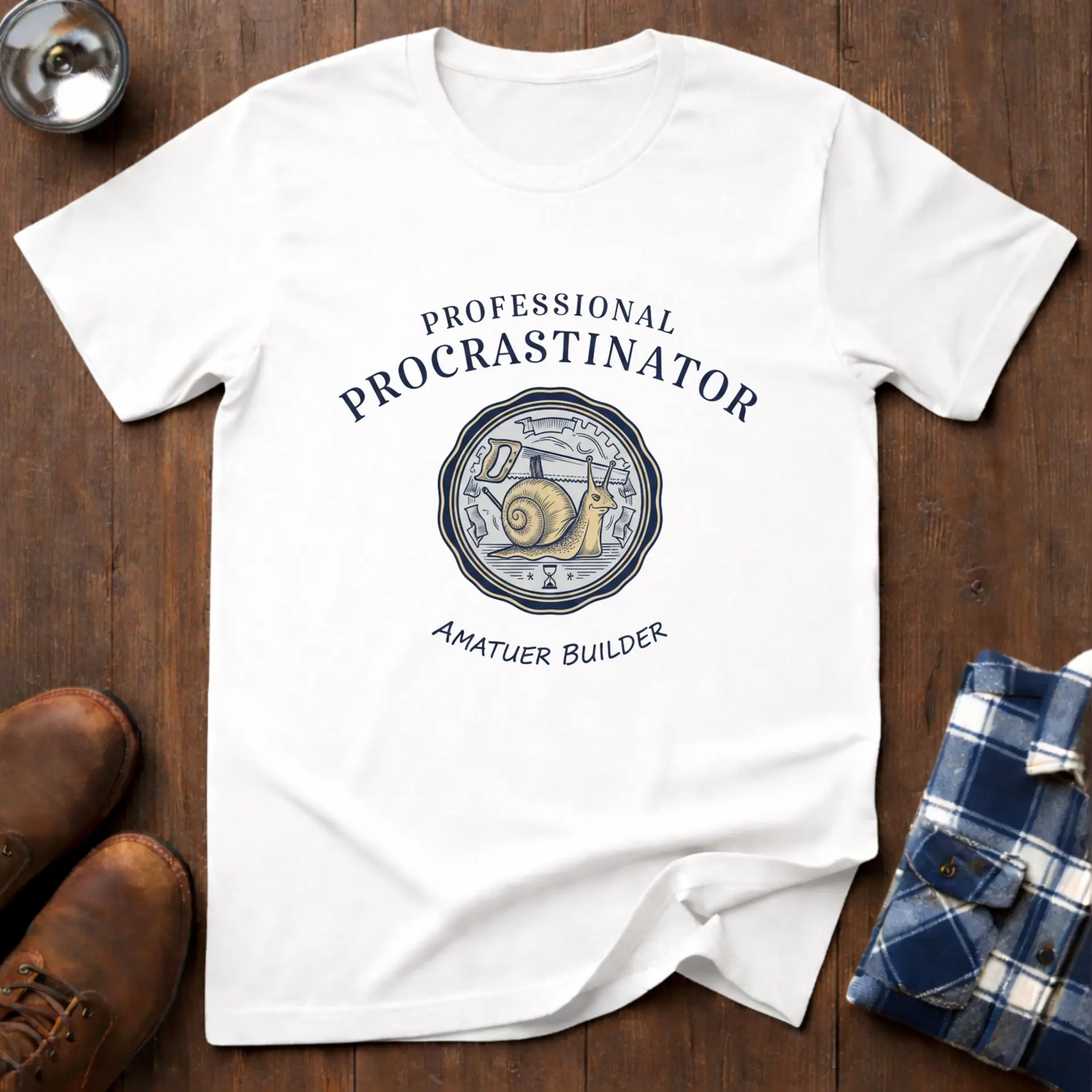 Professional Procrastinator – Snail Badge Edition, funny workshop T-shirt in White
