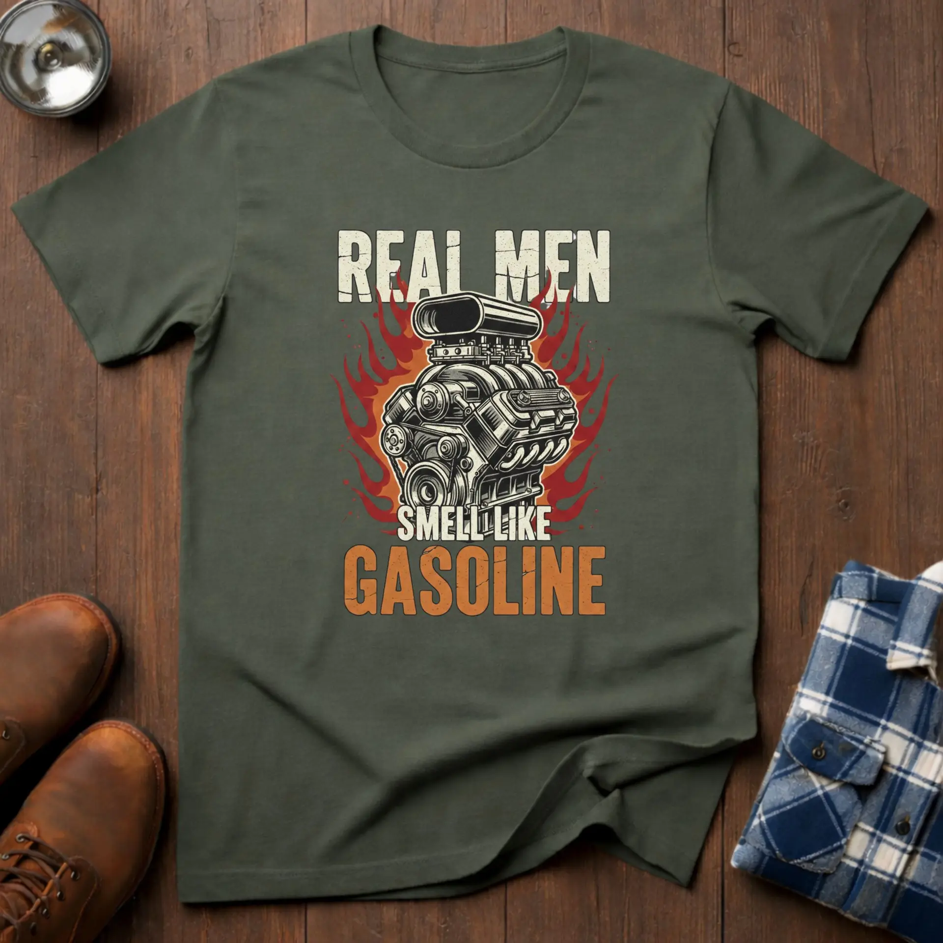 Real men smell like Gasoline, funny car guy T-shirt