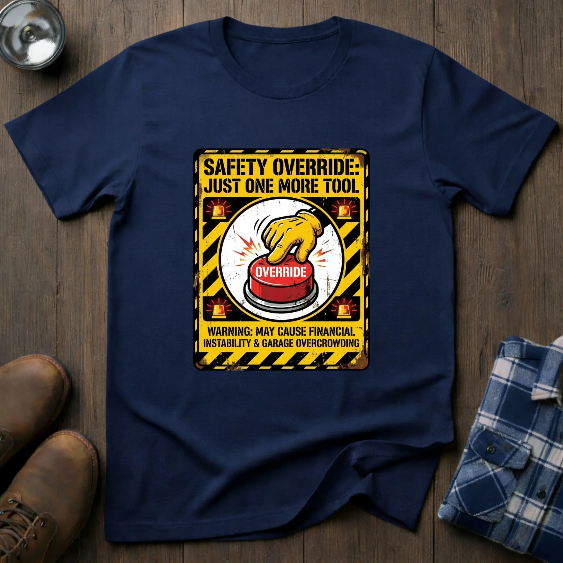 Safety Override, funny tradesman T-shirt in Navy