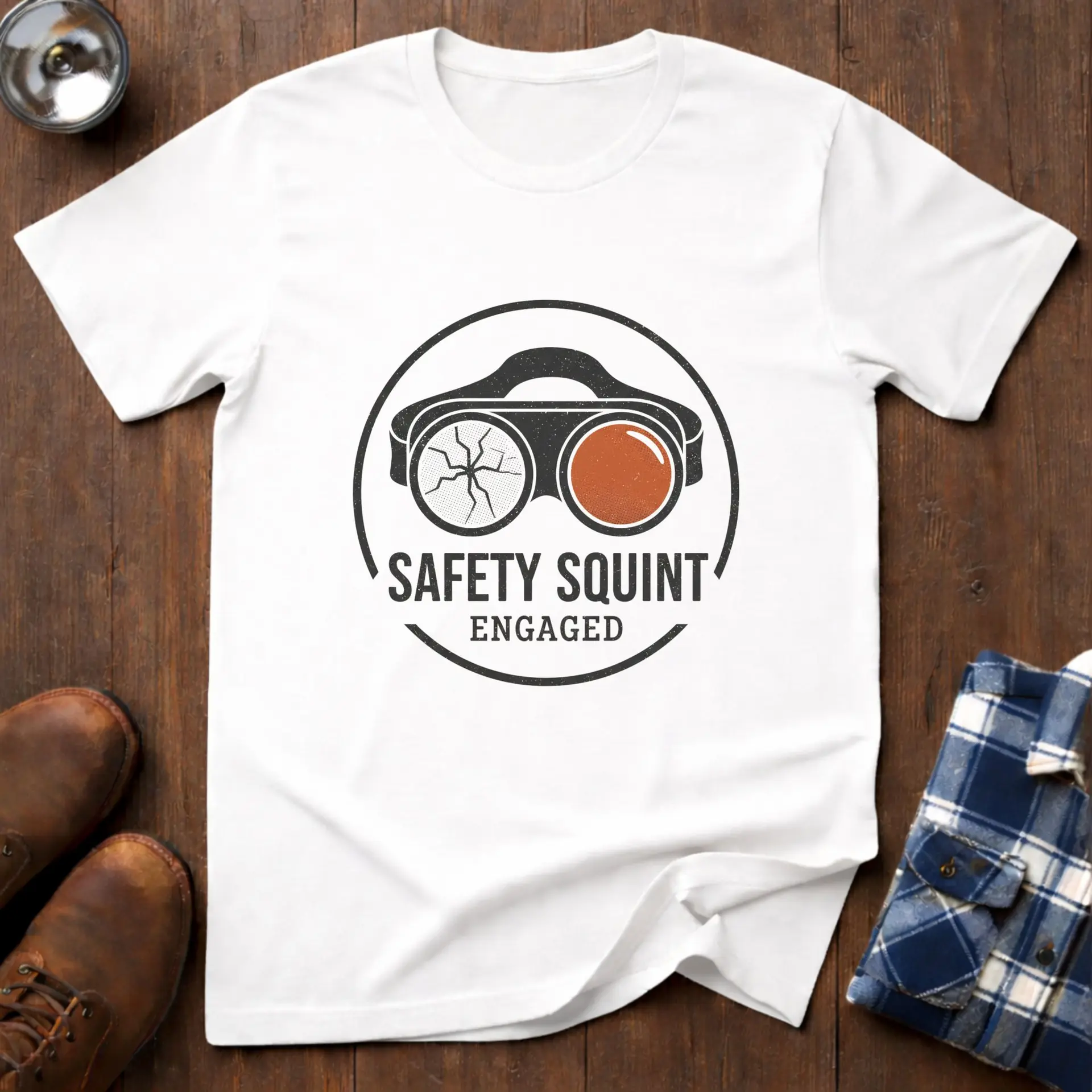 Safety Squint, funny tradesman T-shirt in White