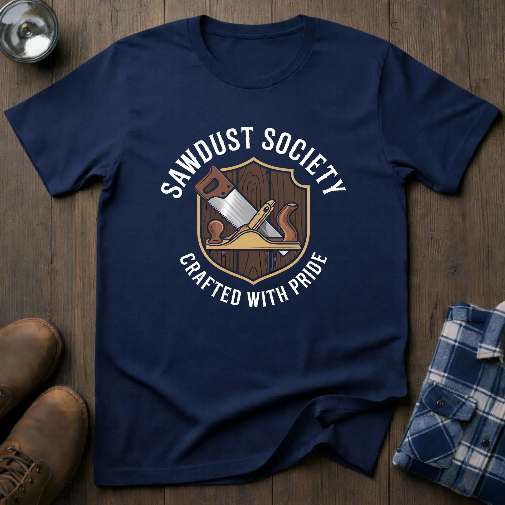 Sawdust Society, woodworking T-shirt in Navy