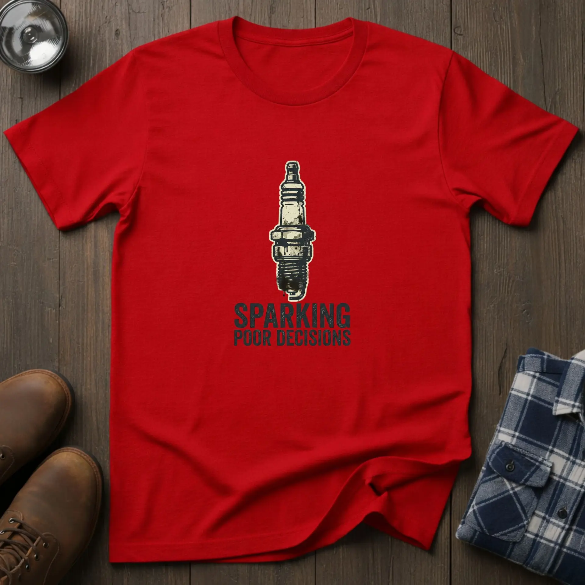 Sparking poor decisions, funny workshop T-shirt in Red