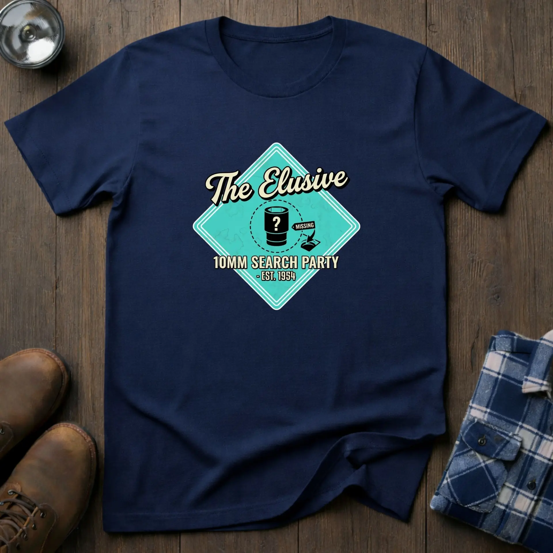 The Elusive 10mm search, funny mechanic T-shirt in Navy