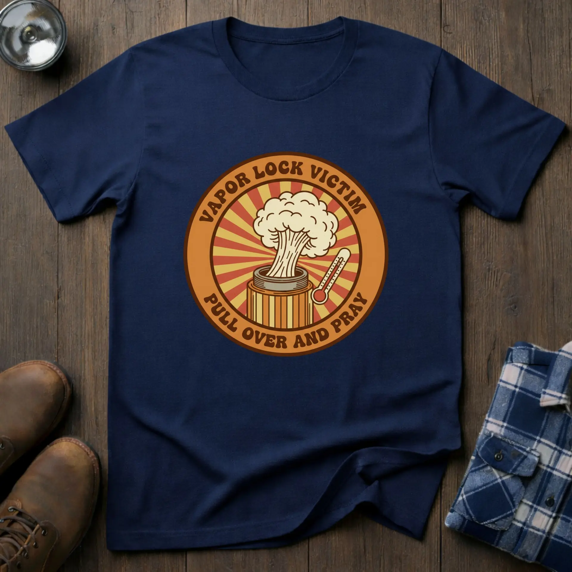Vapour Lock, funny mechanic T-shirt in Navy