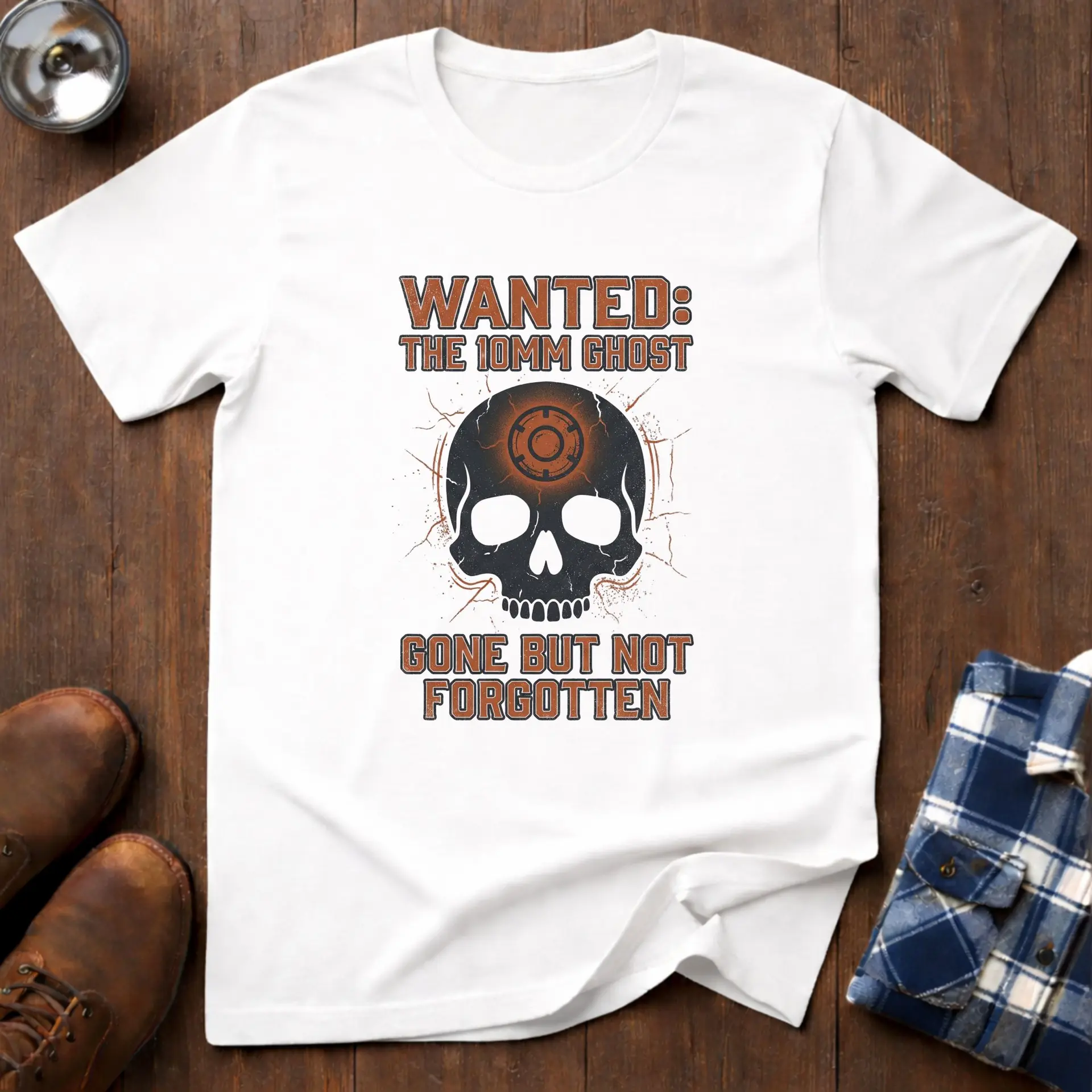 Wanted 10mm Ghost, funny mechanic T-shirt in White