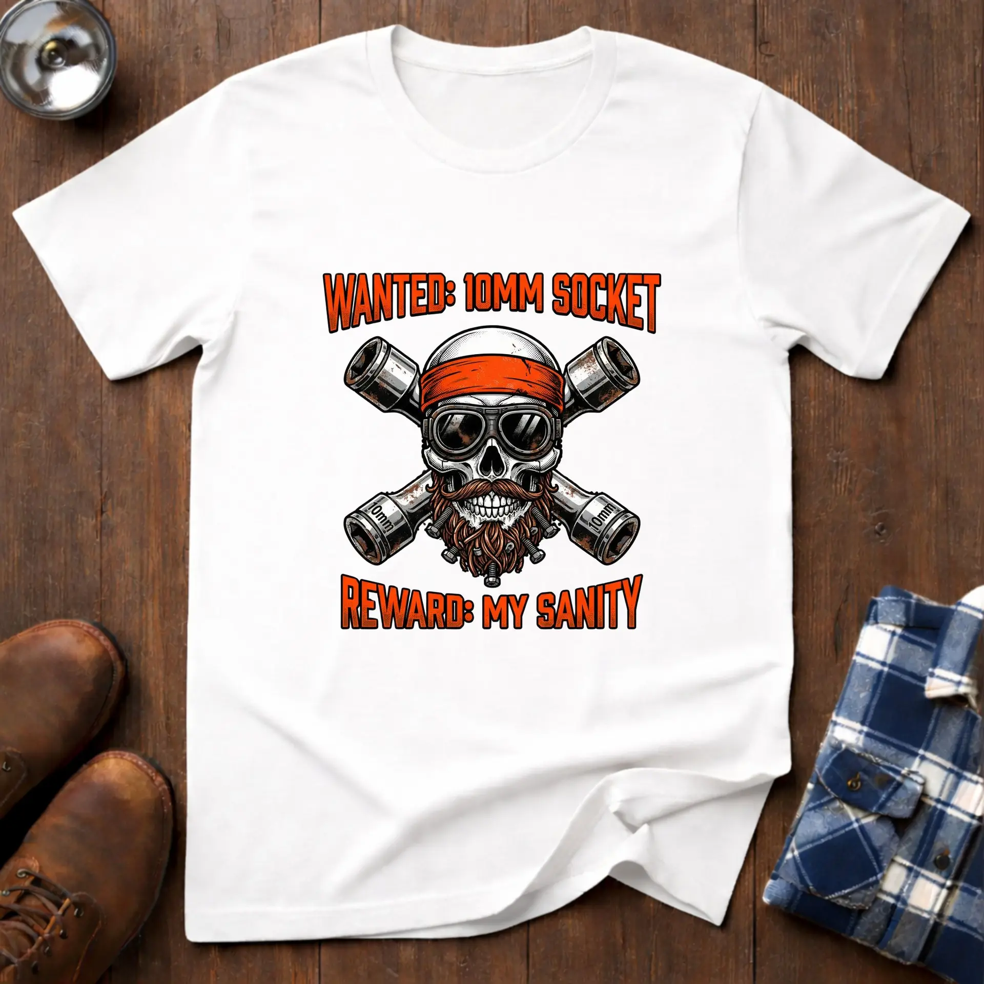 Wanted 10mm socket, funny mechanic T-shirt in White