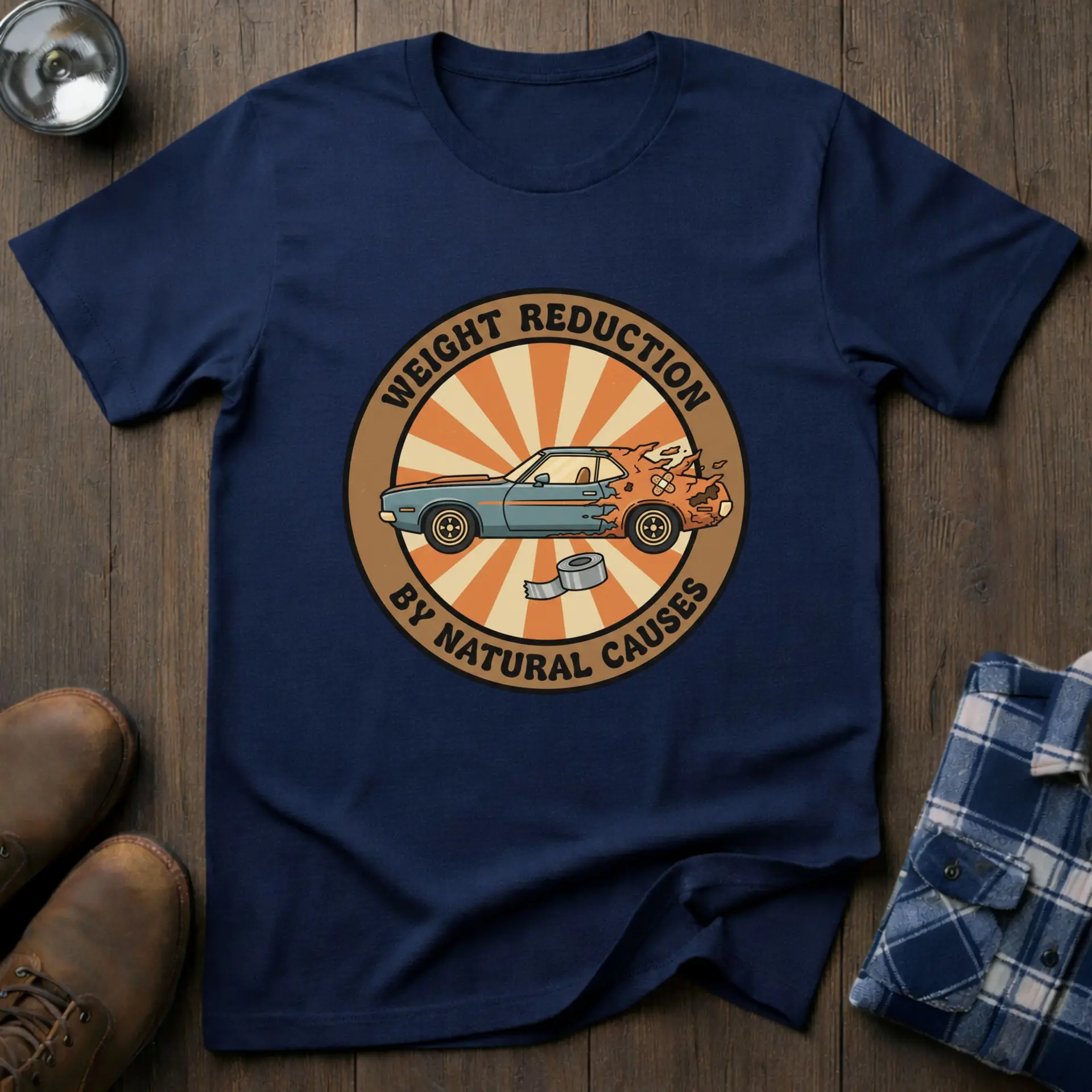 Weight Reduction, funny car guy T-shirt in Navy