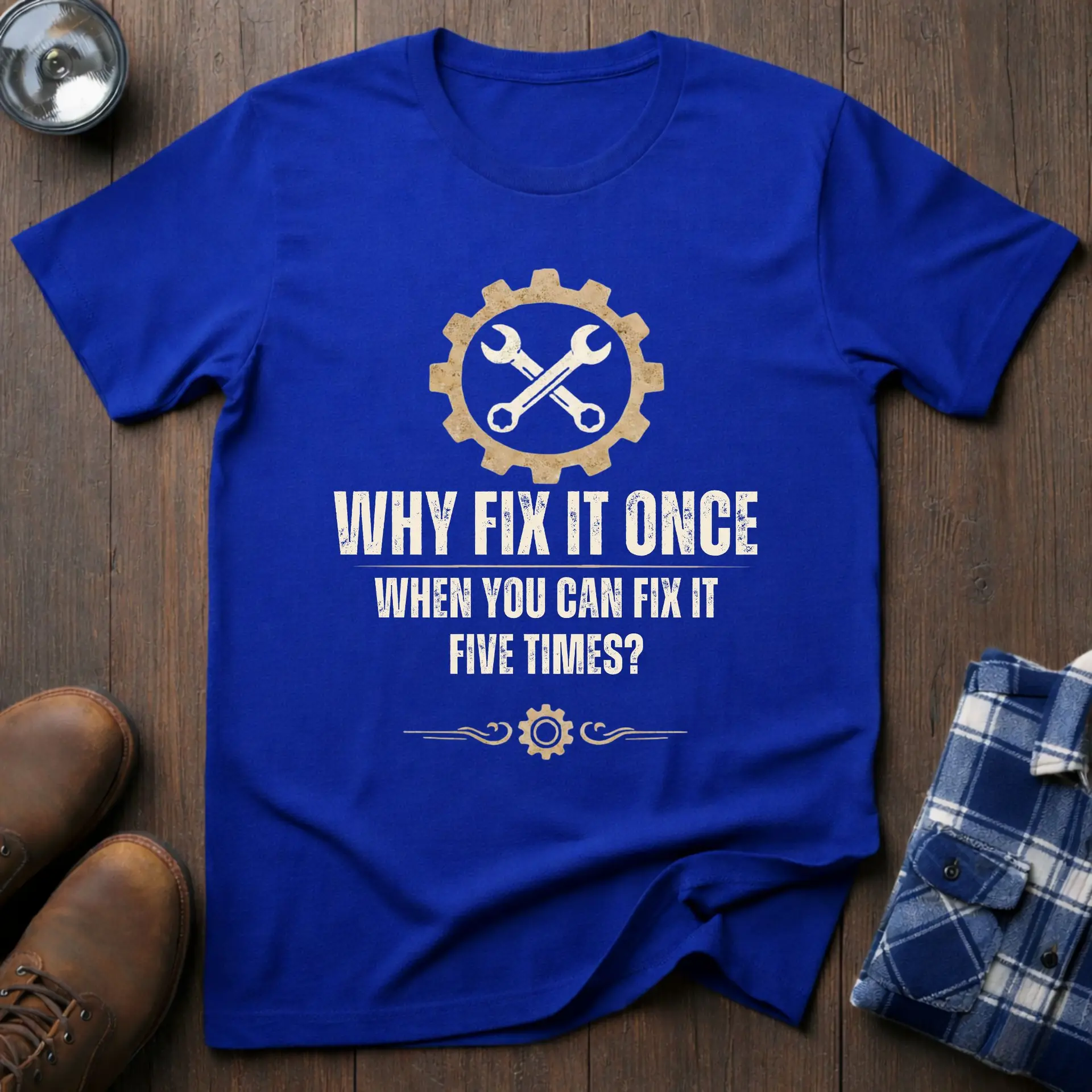 Why fix it once, funny handyman T-shirt in Royal