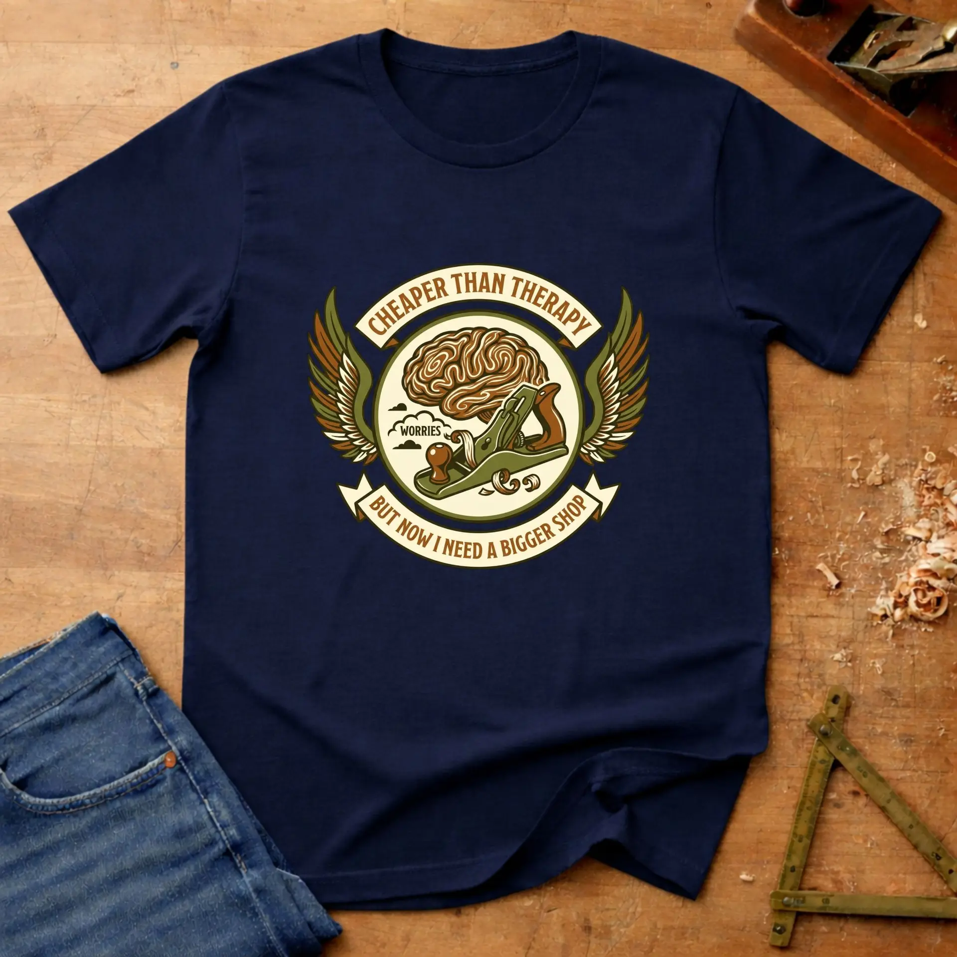 Cheaper than Therapy, funny workshop T-shirt in Navy
