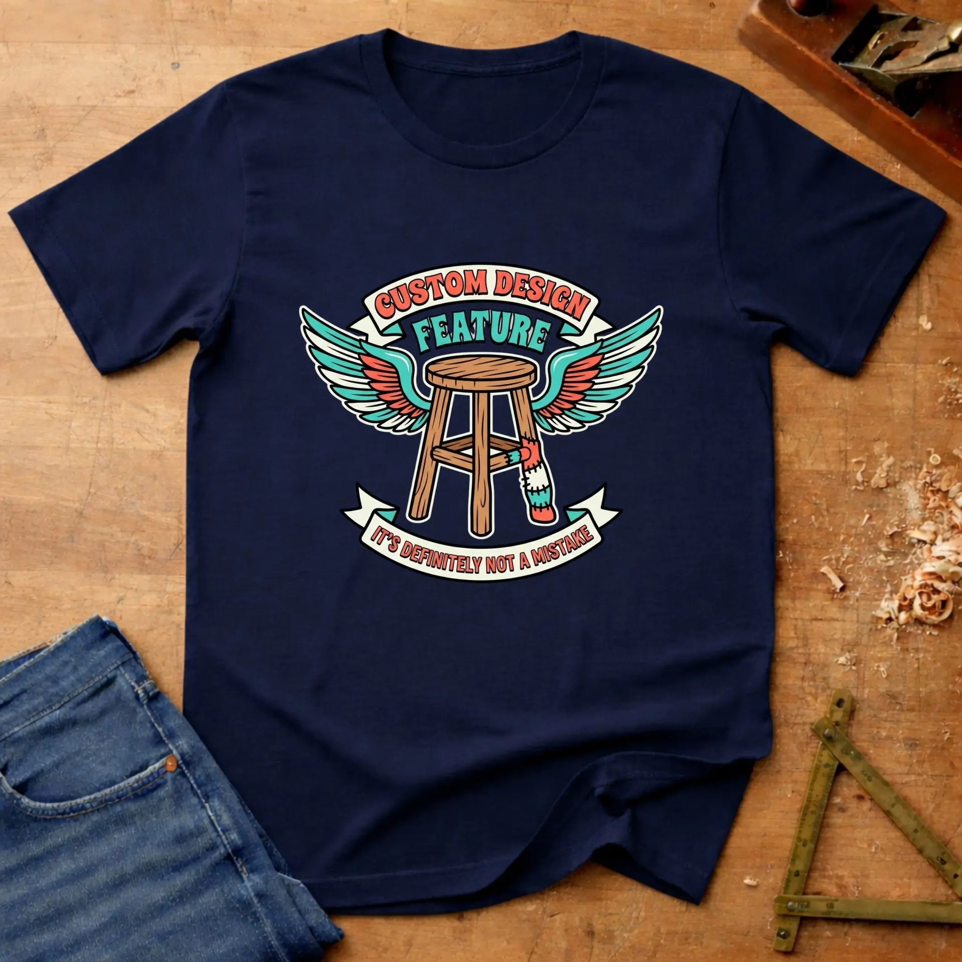 Custom Design Feature, funny woodworking T-shirt in Navy