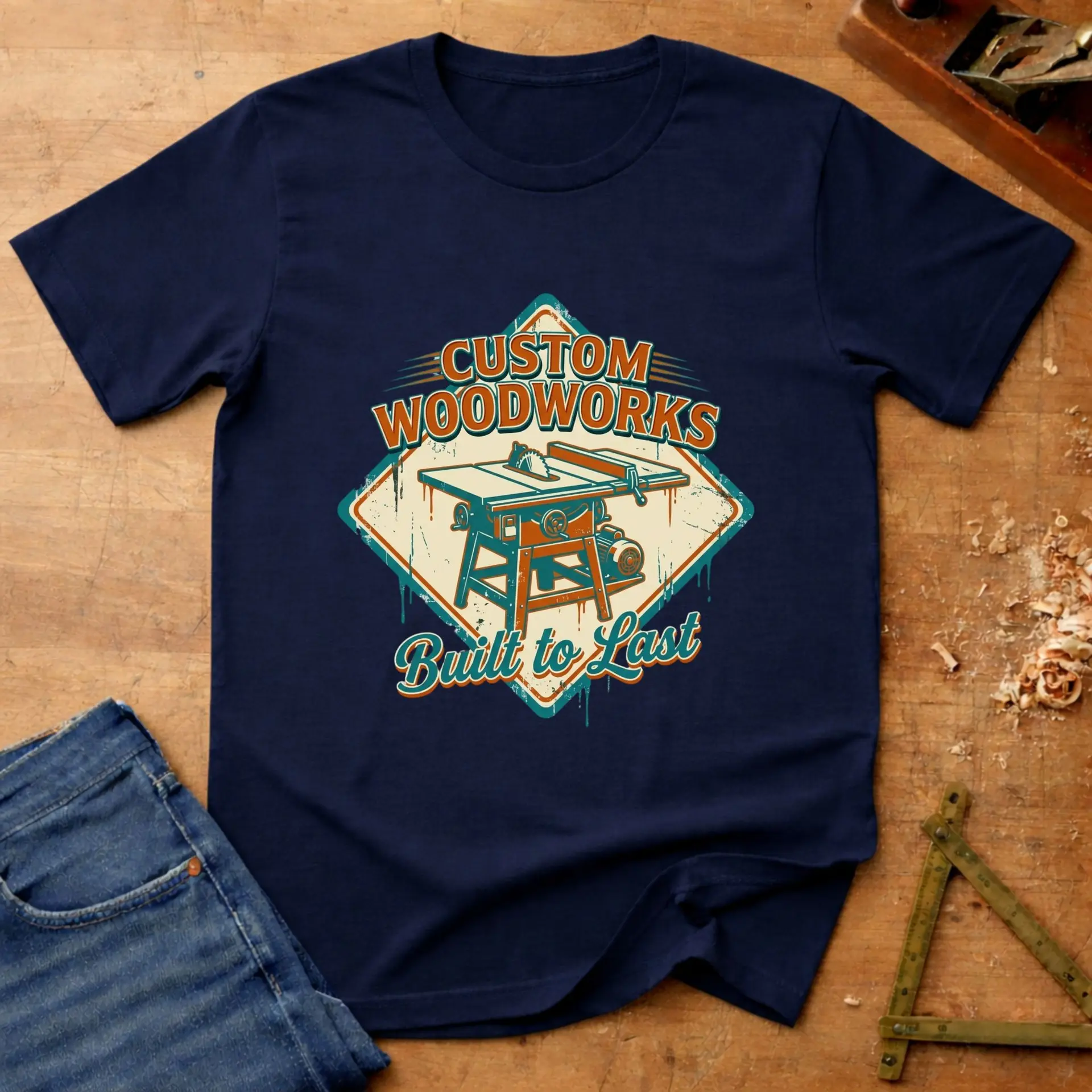 Custom Woodworks, woodworking T-shirt in Navy