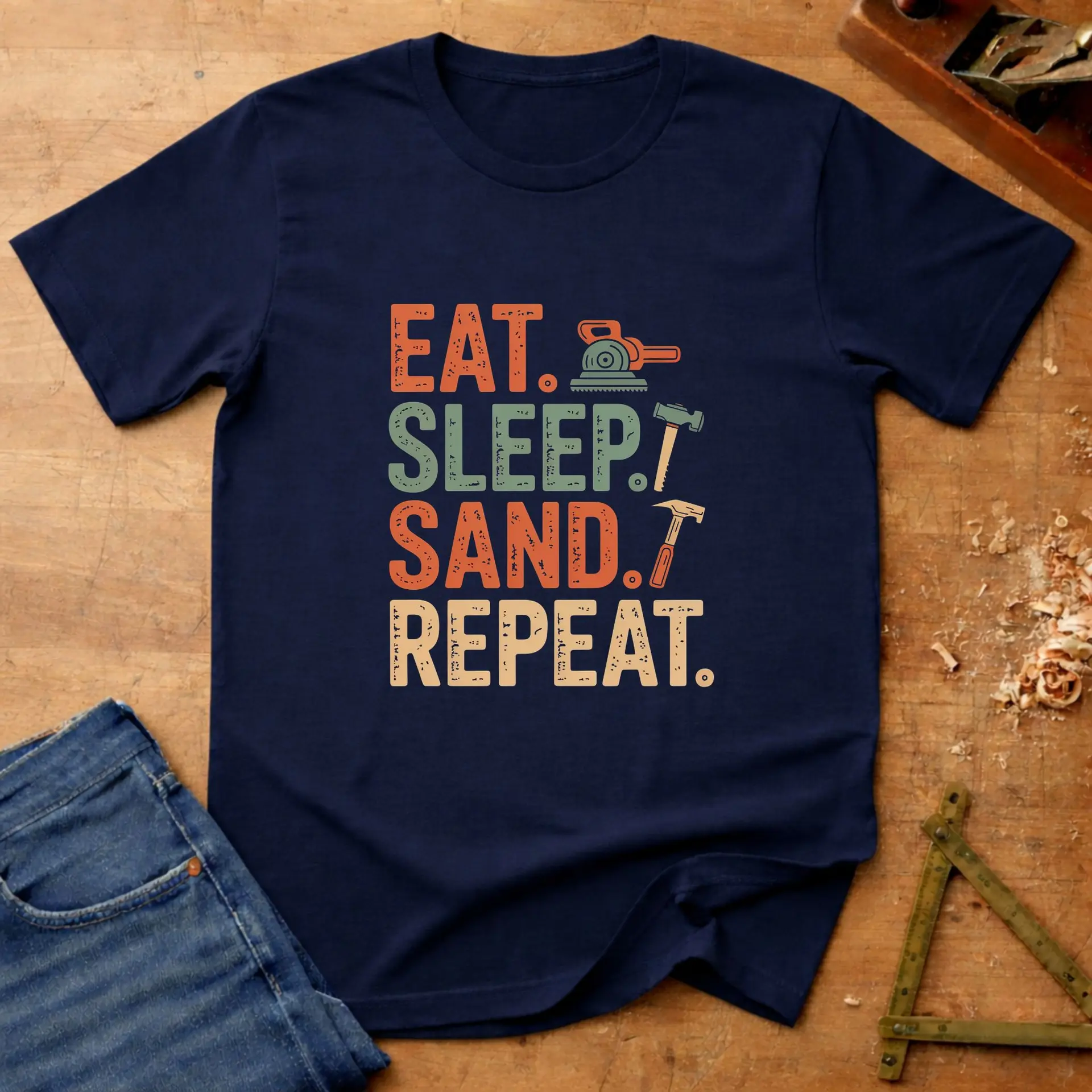 Eat, Sleep, Sand, Repeat, funny woodworking T-shirt in Navy