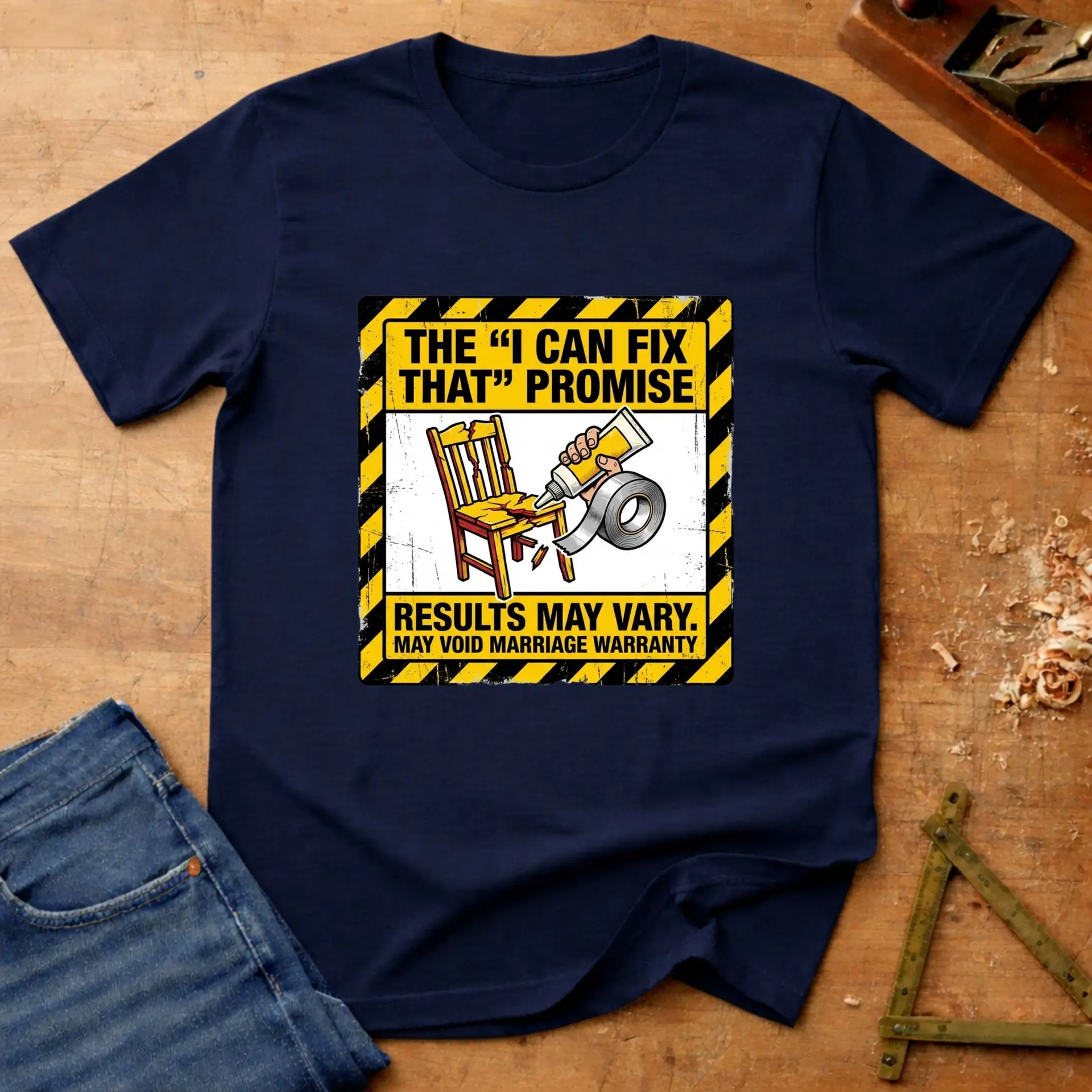 I Can Fix That, funny handyman T-shirt in Navy