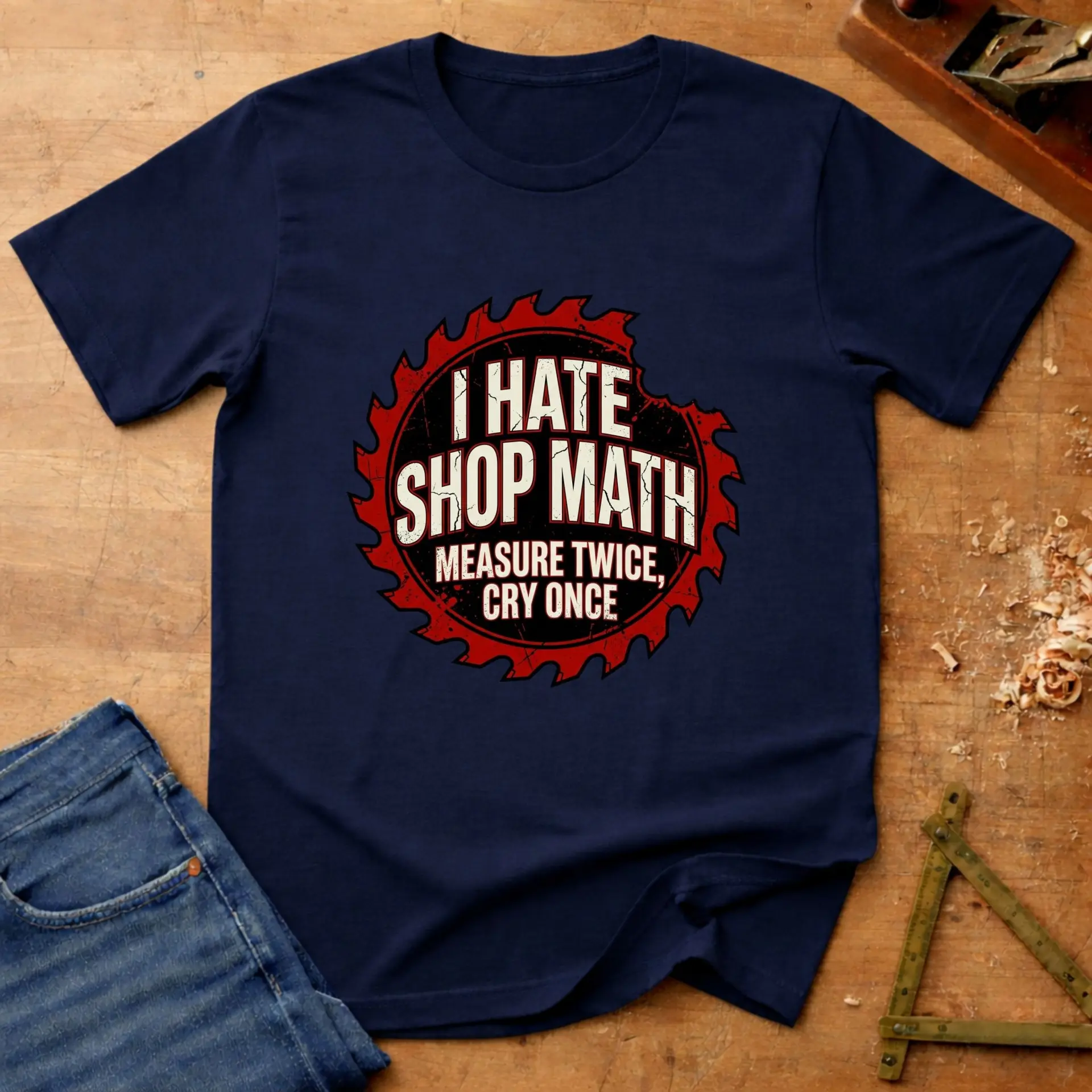 I hate shop math, funny woodworking T-shirt in Navy