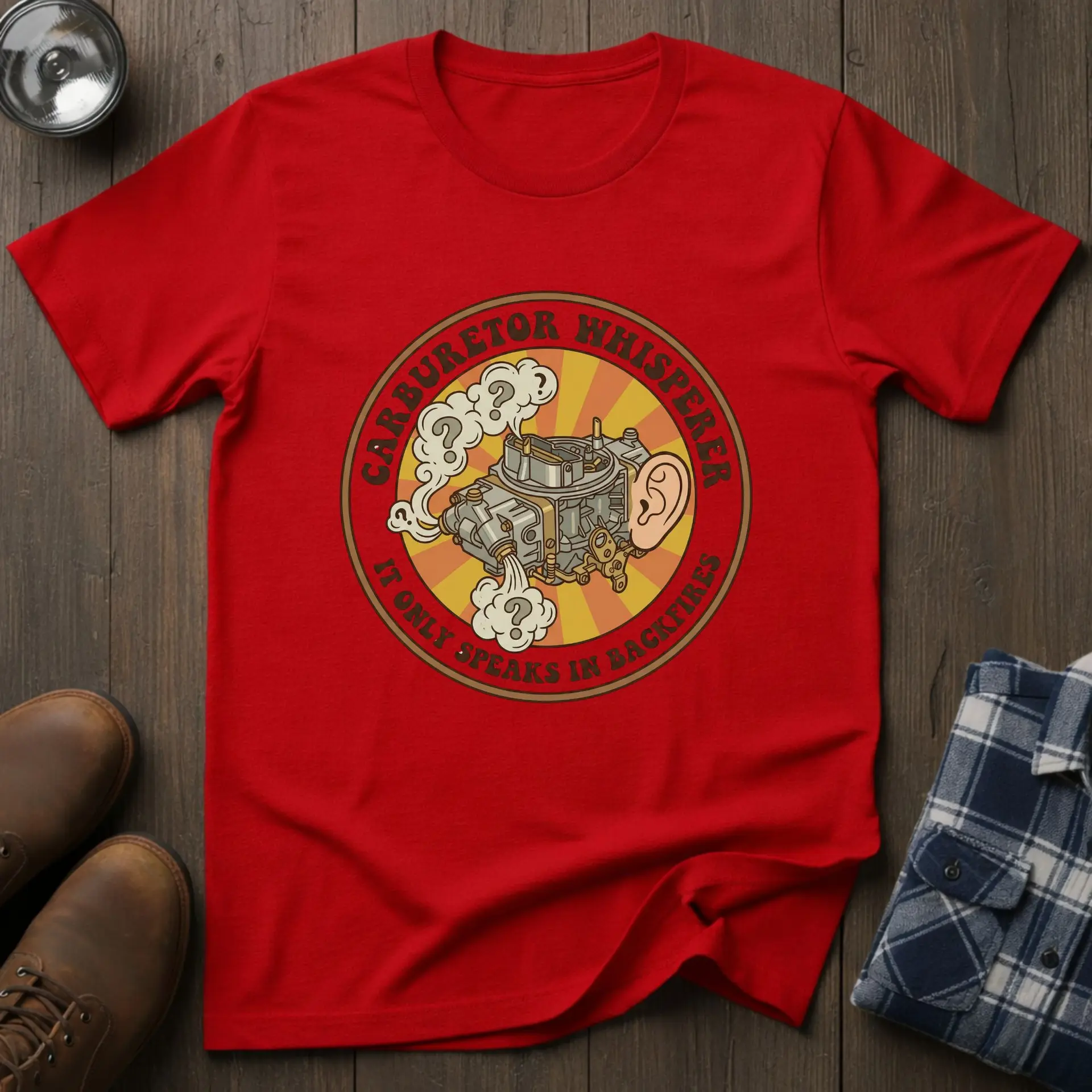 Carburetor Whisperer, funny mechanic T-shirt in Red