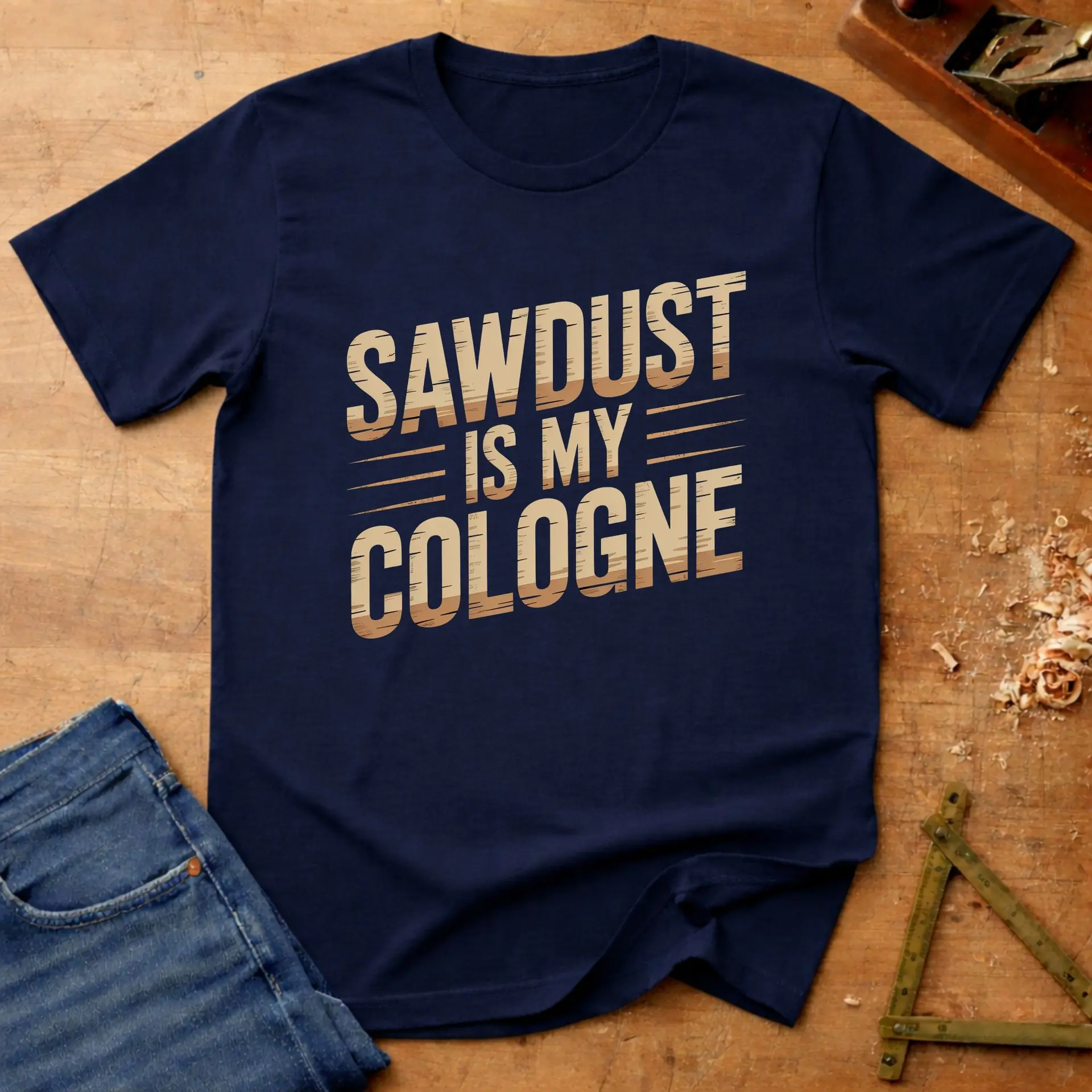 Sawdust is my Cologne, funny woodworking T-shirt in Navy