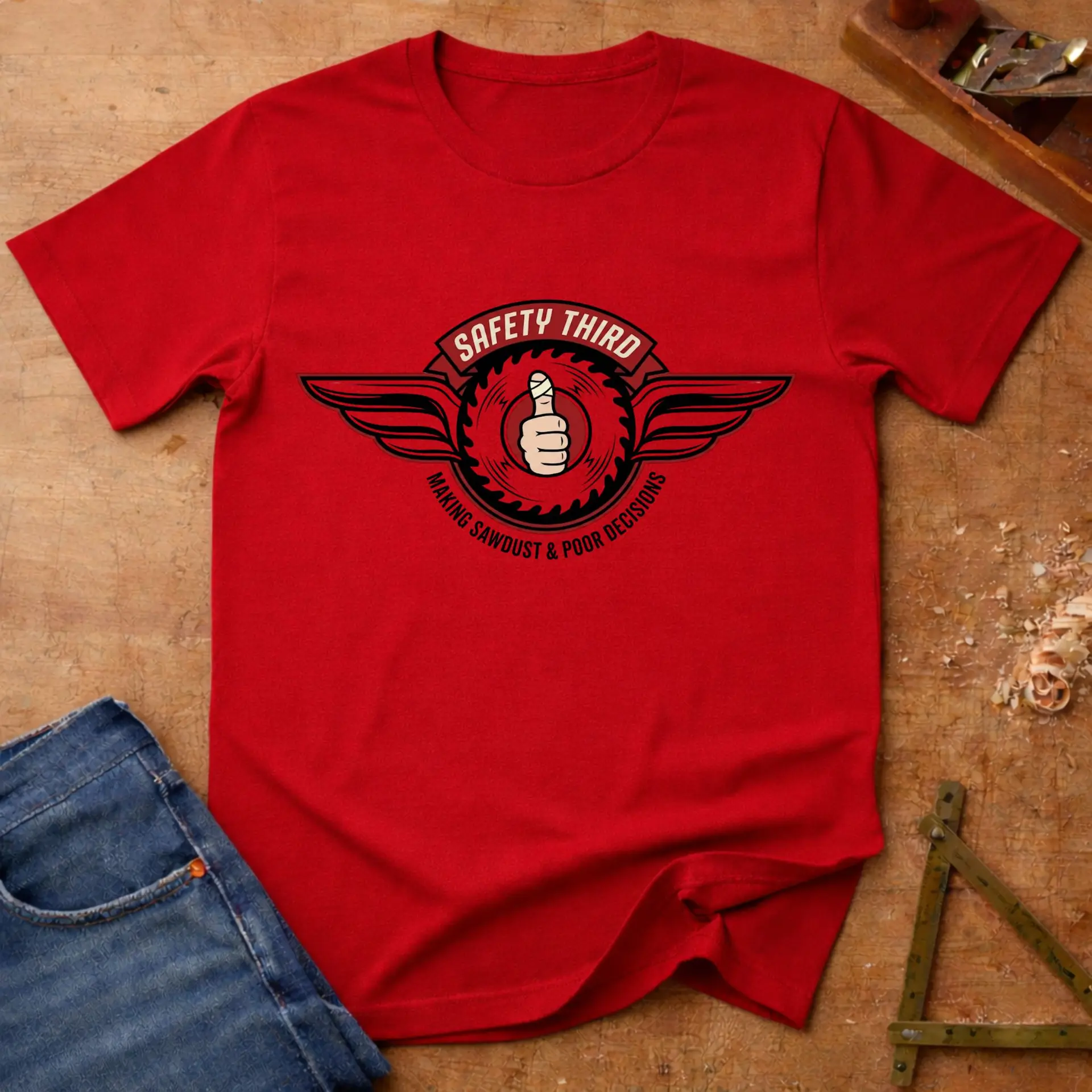Safety Third light, funny tradesman T-shirt in Red