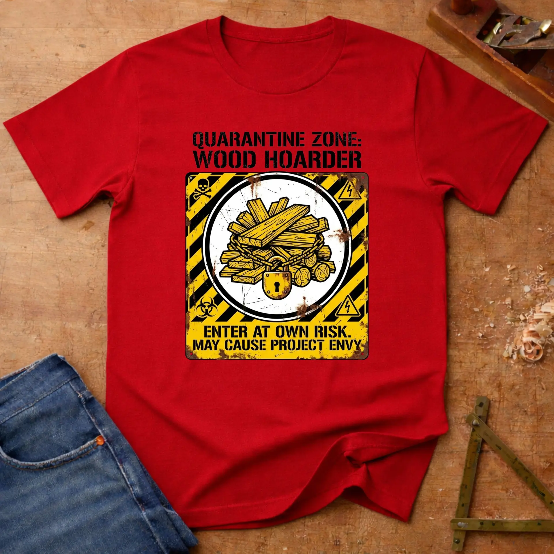 Quarantine Zone, funny workshop T-shirt in Red