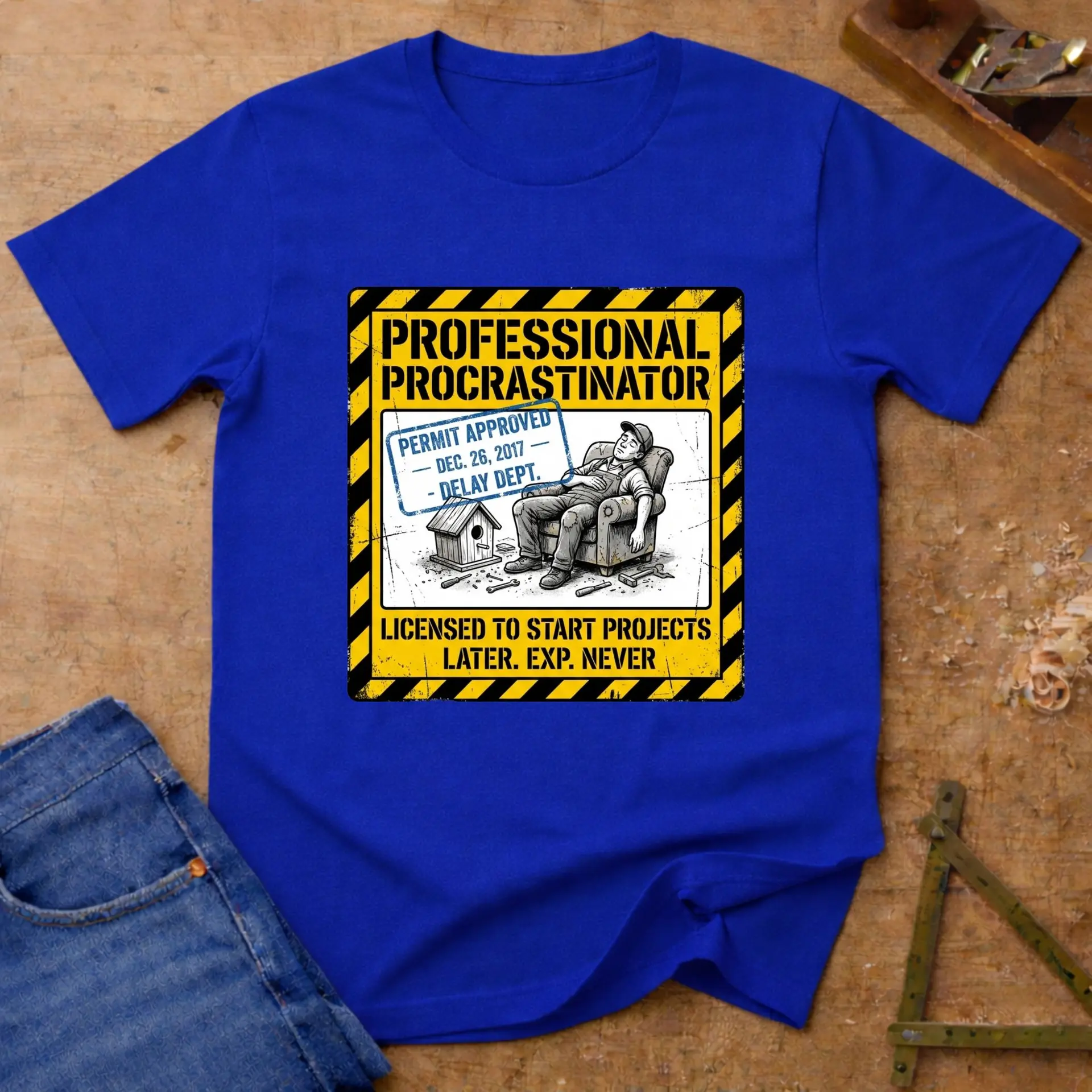 Professional Procrastinator – Warning Sign Edition, funny workshop T-shirt in Royal