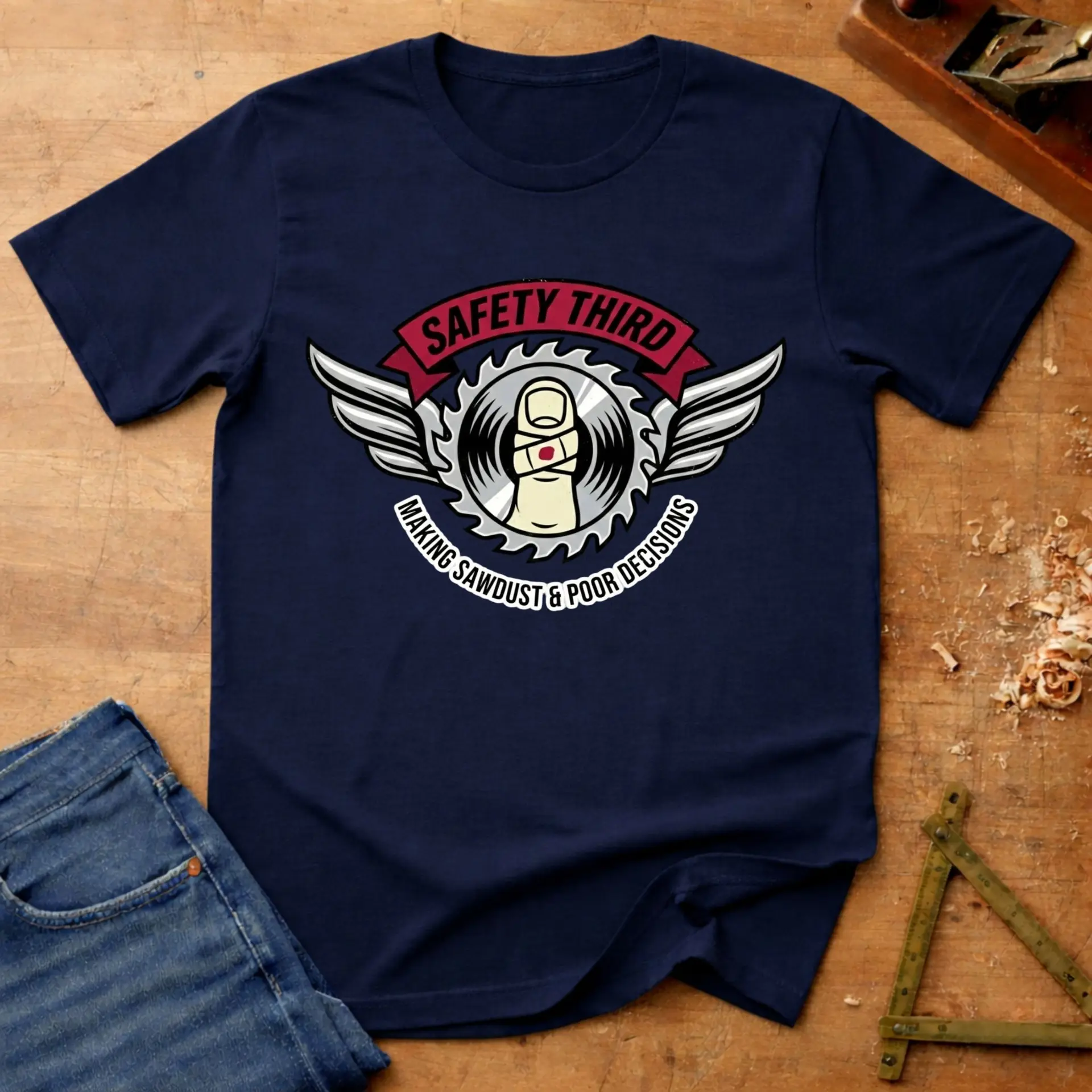 Safety Third, funny tradesman T-shirt in Navy